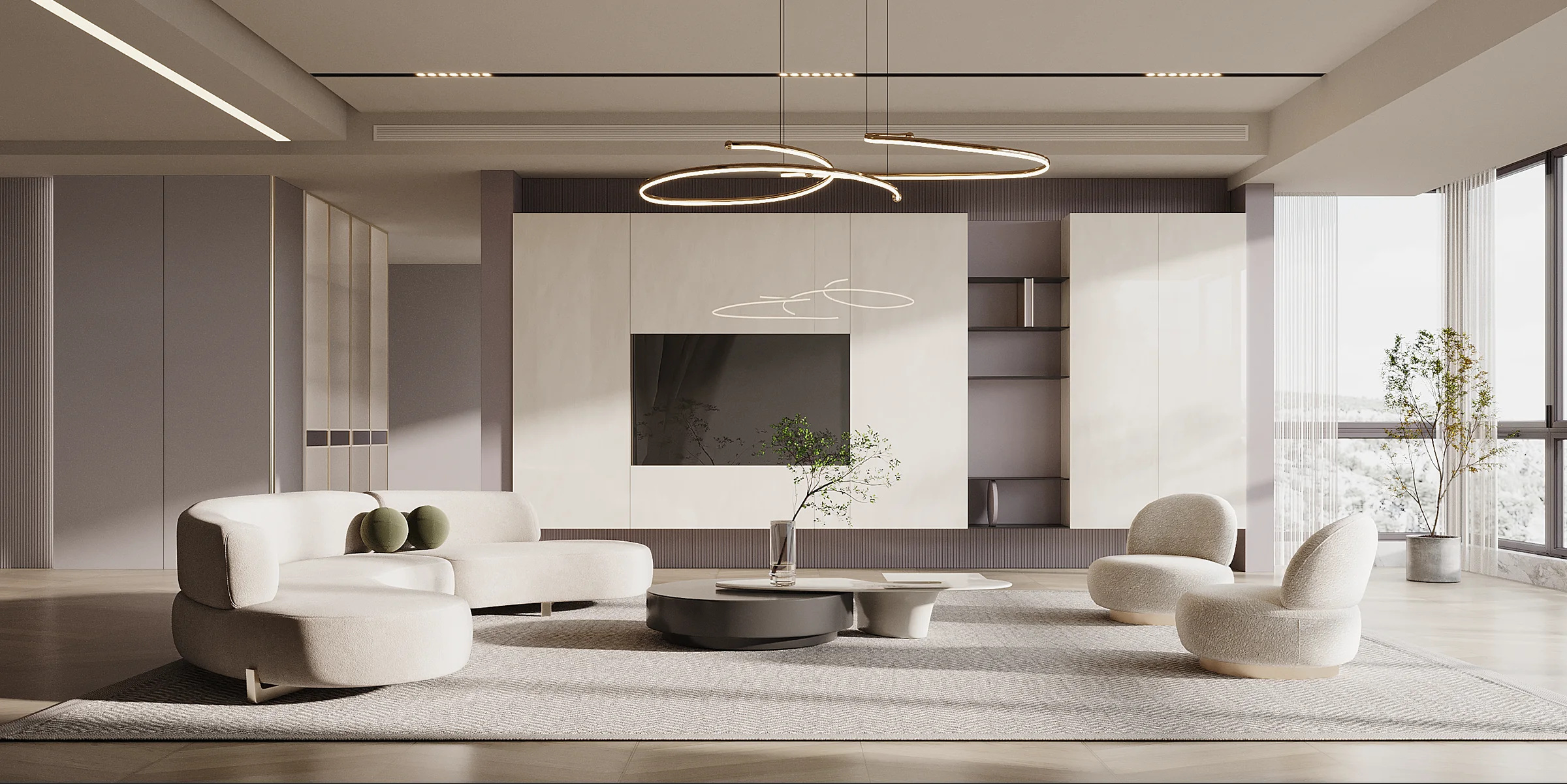 Minimal warm-white OLO living room with integrated wall cabinetry