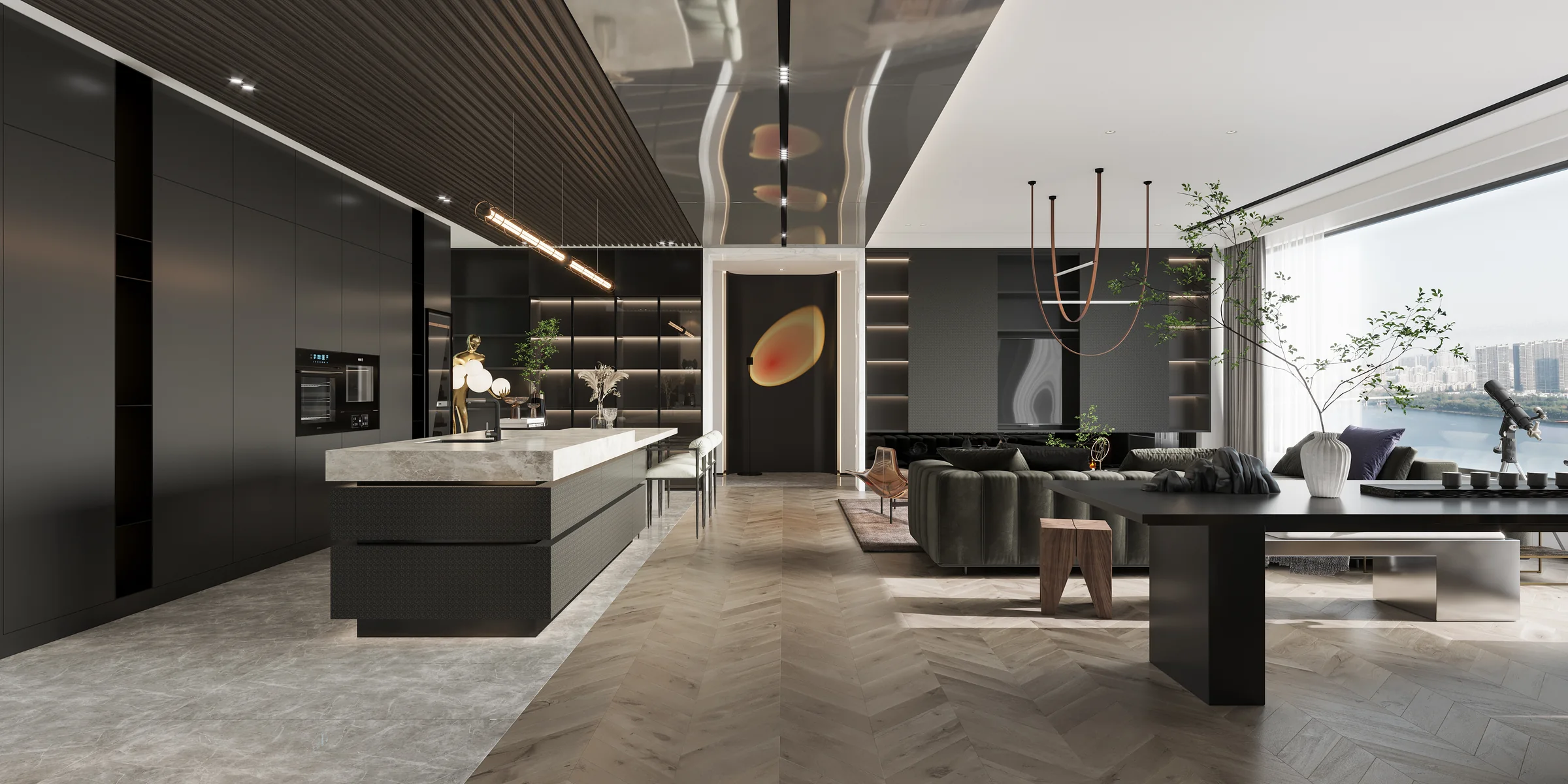 Dark architectural kitchen and living space with sculptural lighting