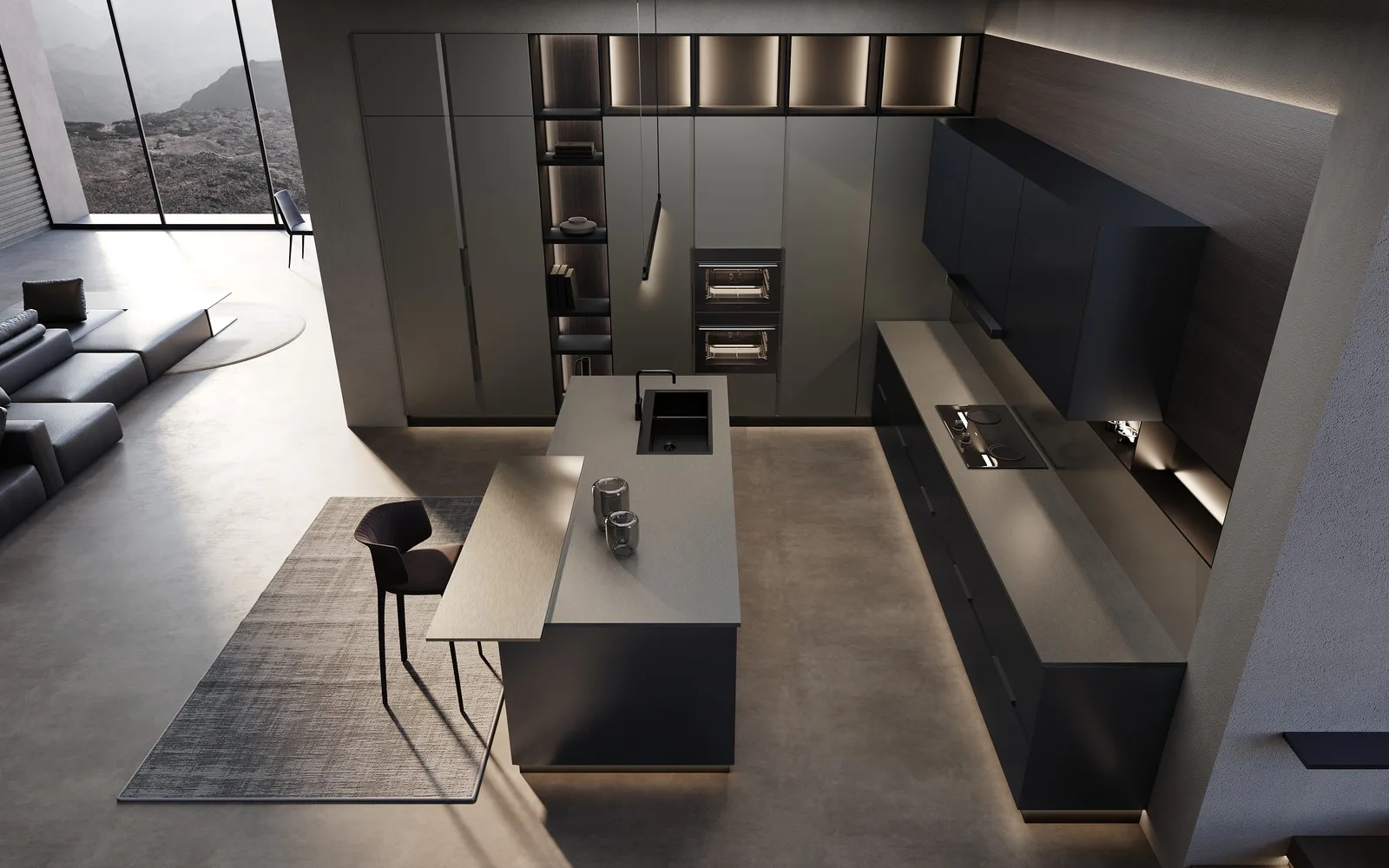 Dark modern kitchen cabinet layout with island storage
