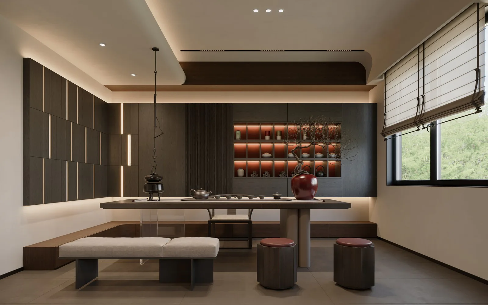 Warm lounge interior with layered cabinet finishes