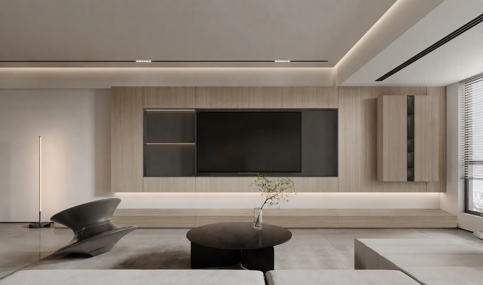 Coordinated living and dining interior with integrated cabinetry