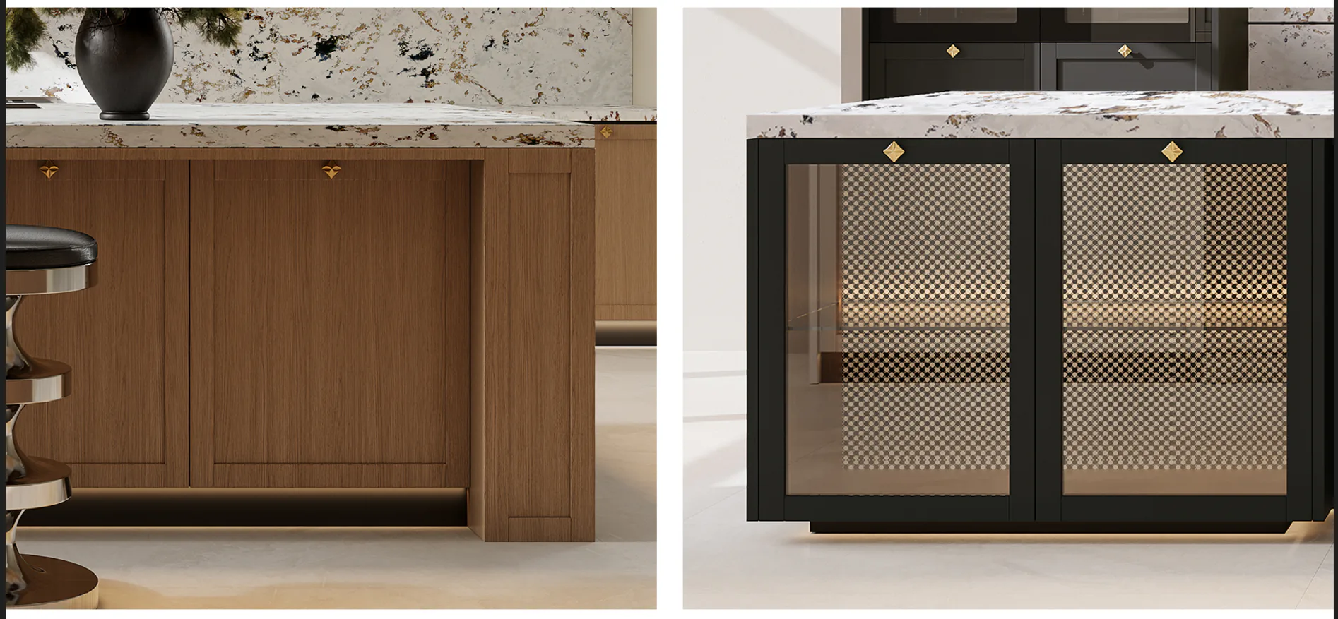 BEVERLY cabinetry details in timber, black glass, and metal mesh