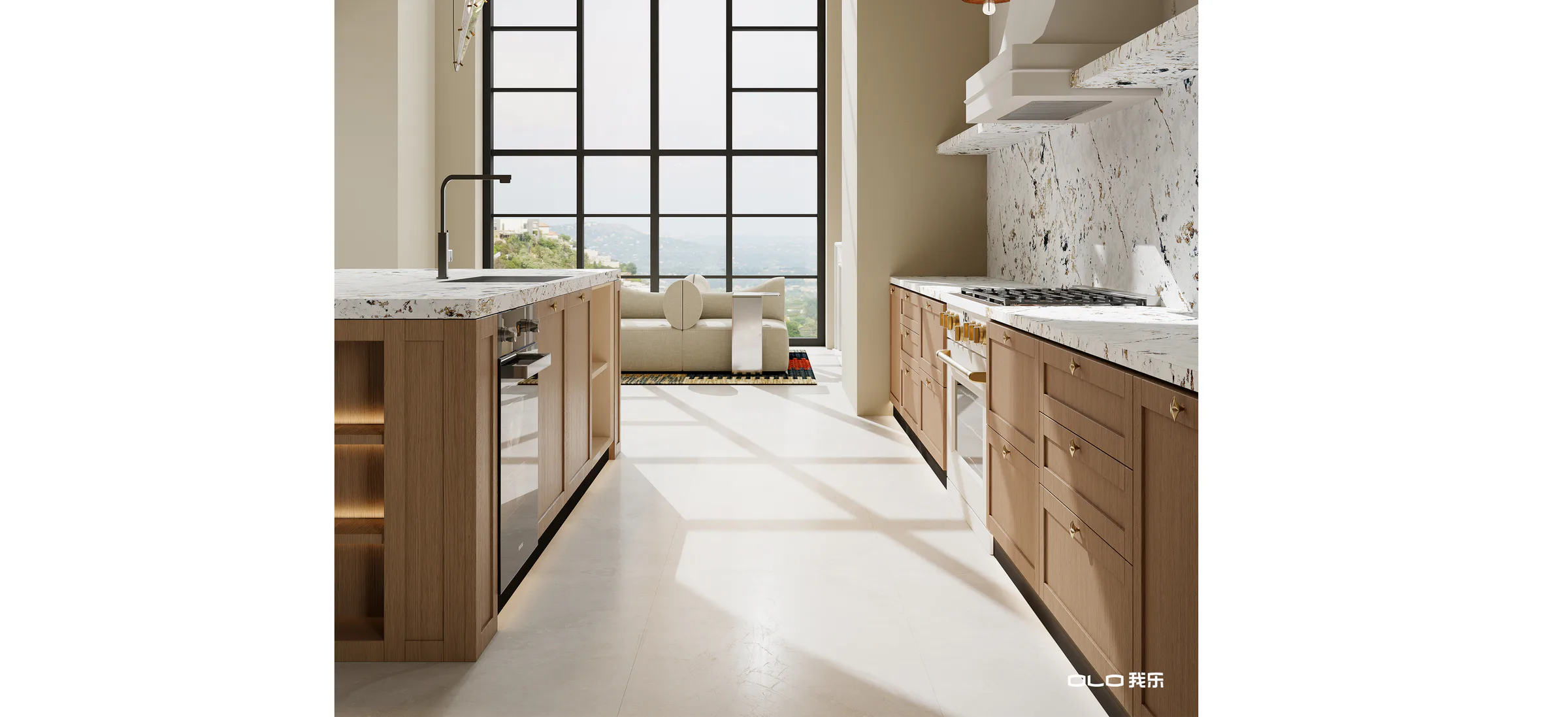 BEVERLY galley view with warm timber cabinetry