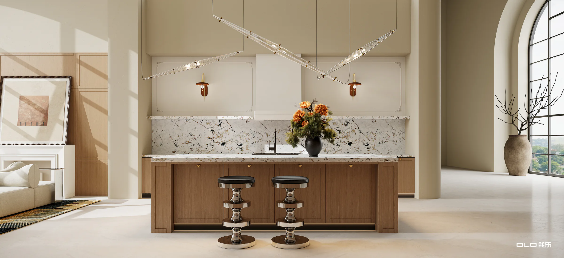 BEVERLY kitchen island with sculptural lighting and coastal views