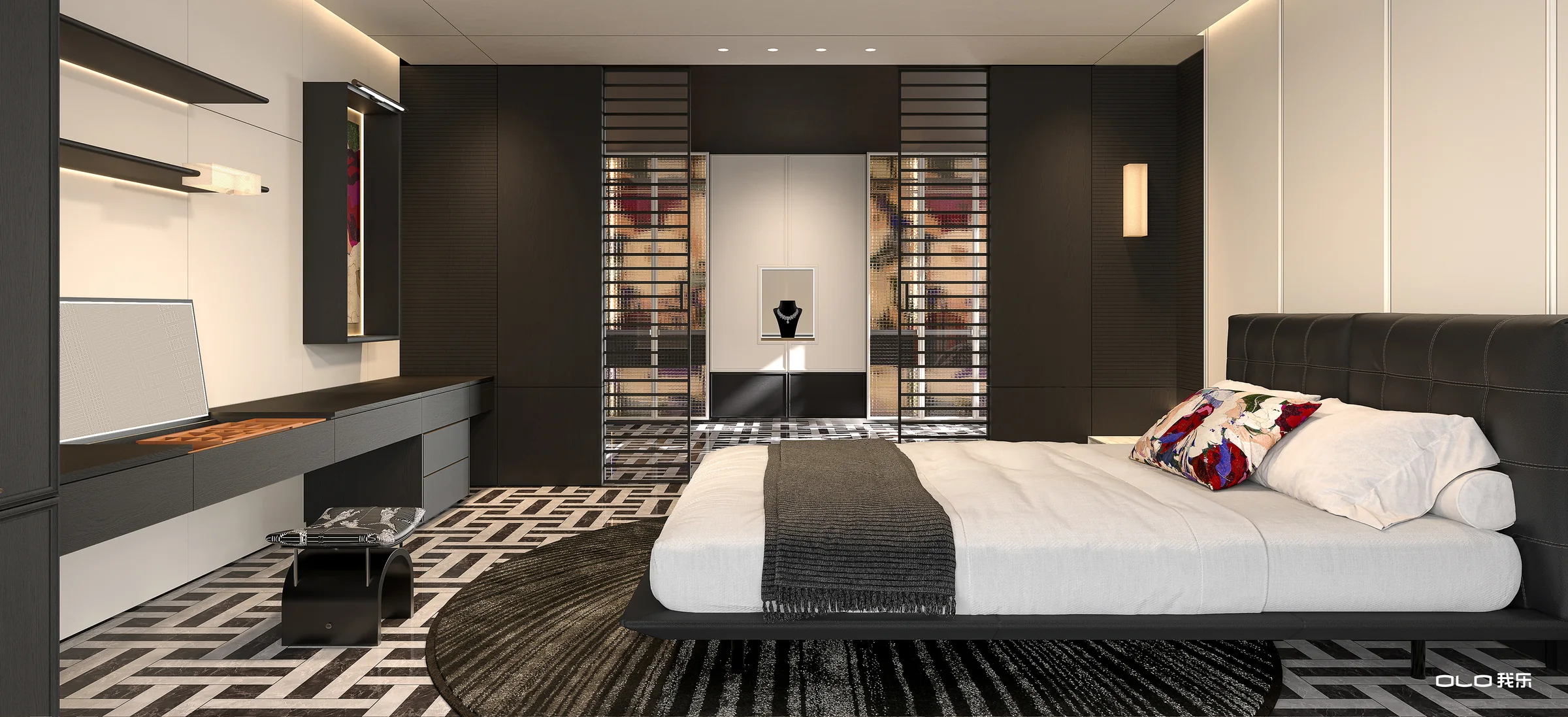 BLOSSOMING dark bedroom with black oak cabinetry