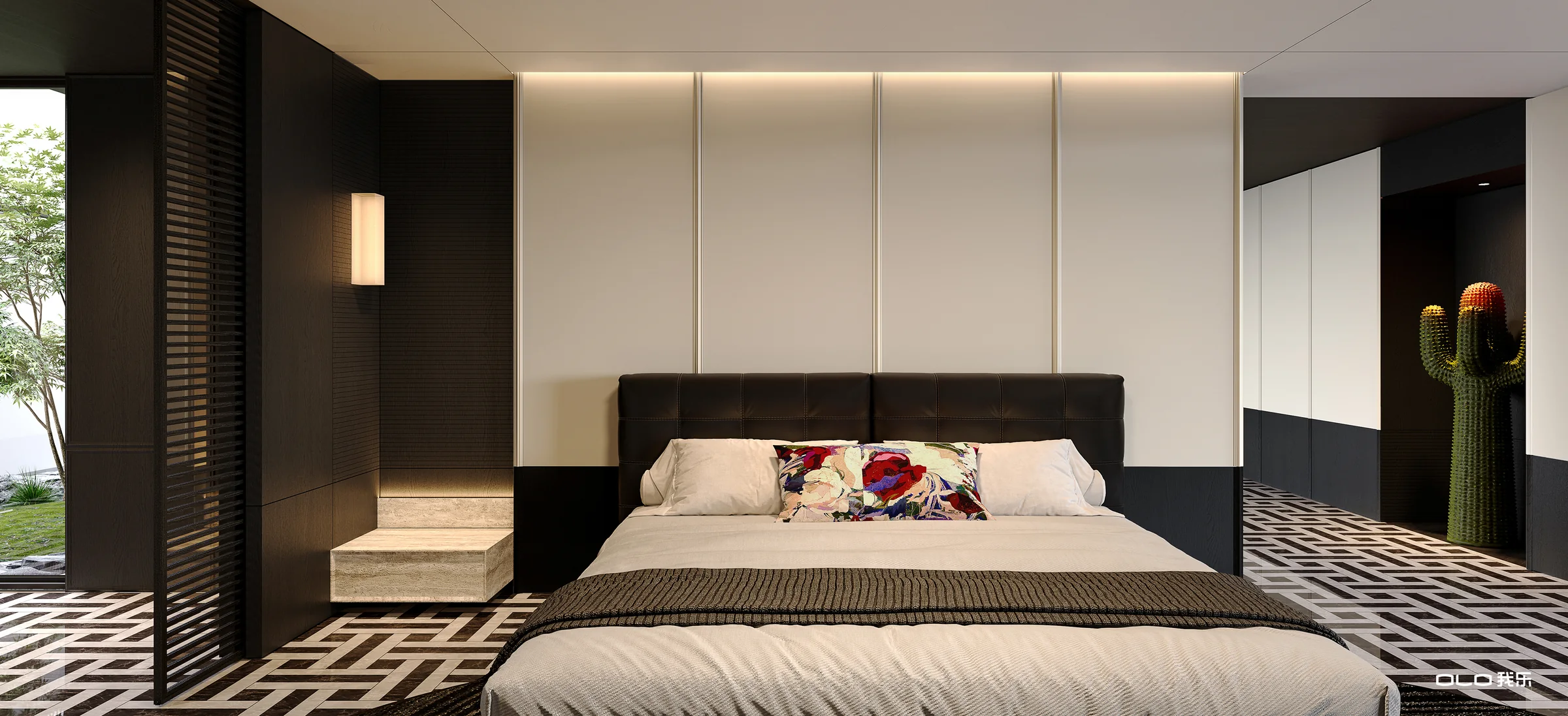 BLOSSOMING monochrome bedroom with panelled wardrobe wall