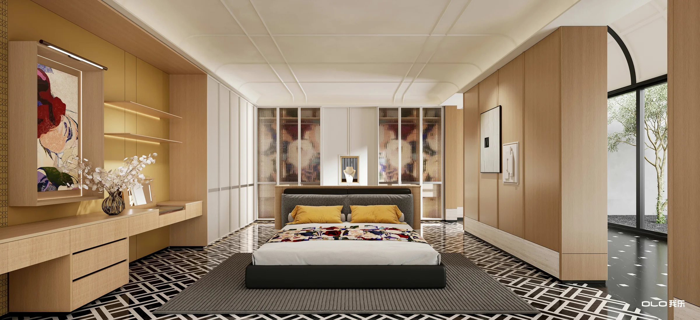 BLOSSOMING warm bedroom with oak cabinetry and floral glass panels