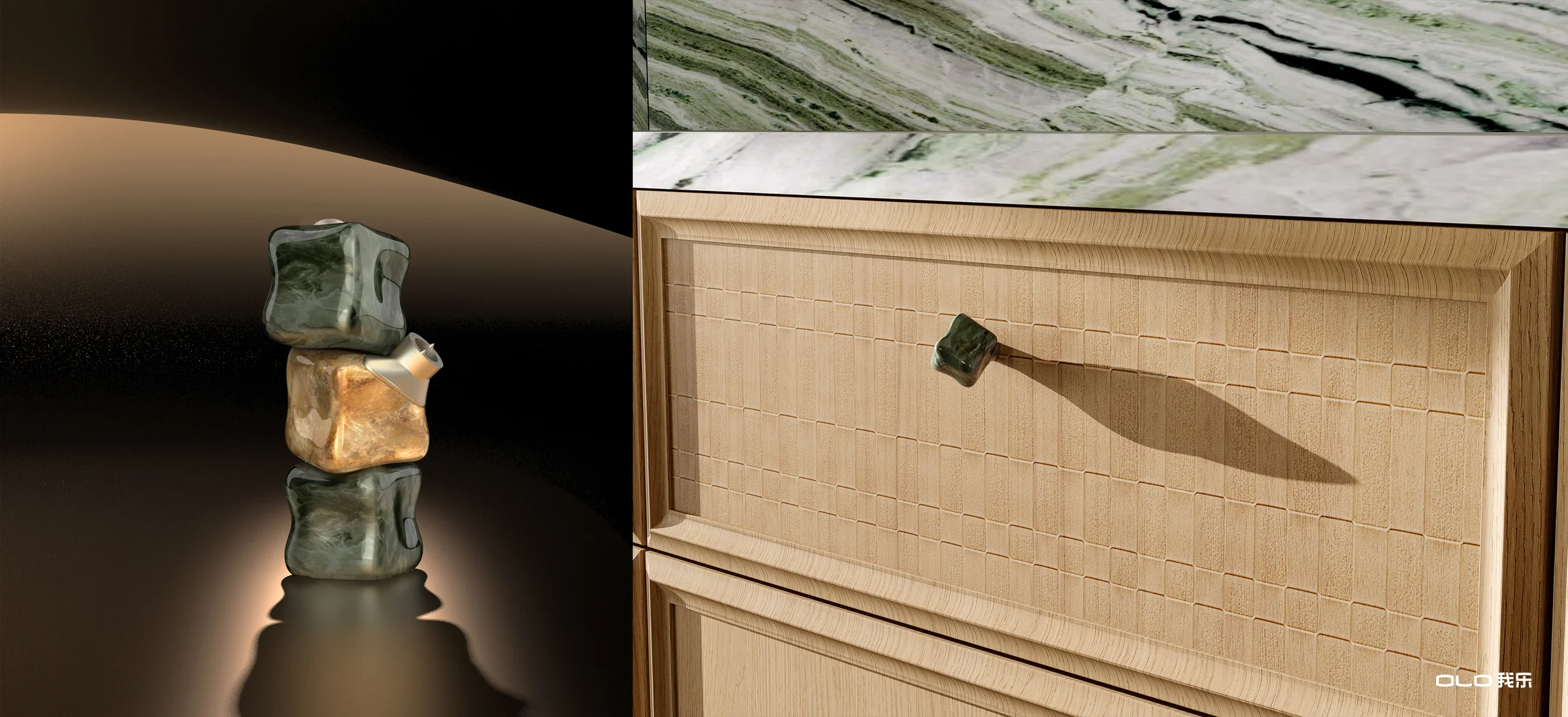 BLOSSOMING sculptural stone handle and textured drawer front