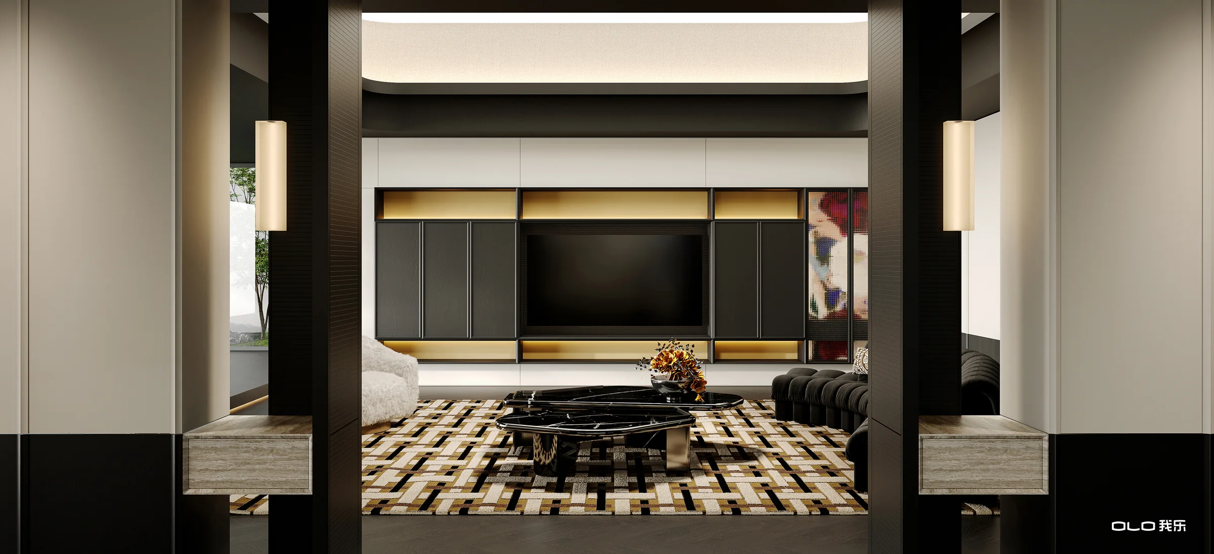 BLOSSOMING living room viewed through symmetrical dark portals