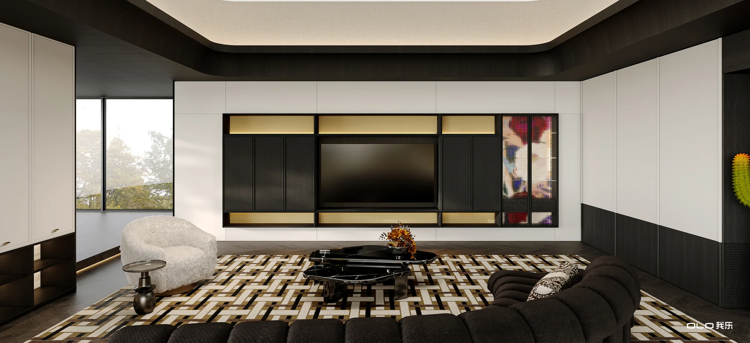 BLOSSOMING living room with integrated cabinetry