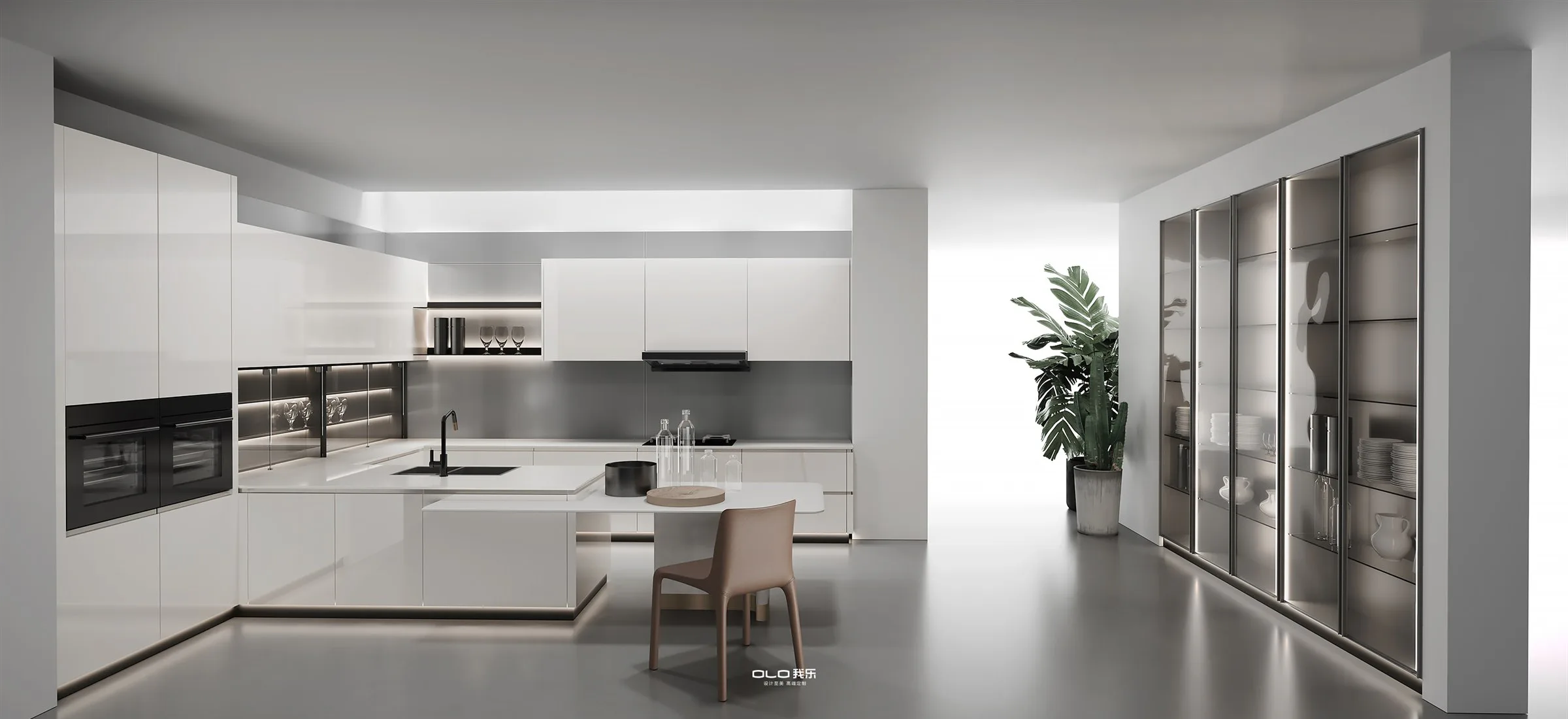 BOFEI PRO open kitchen and illuminated glass display cabinetry