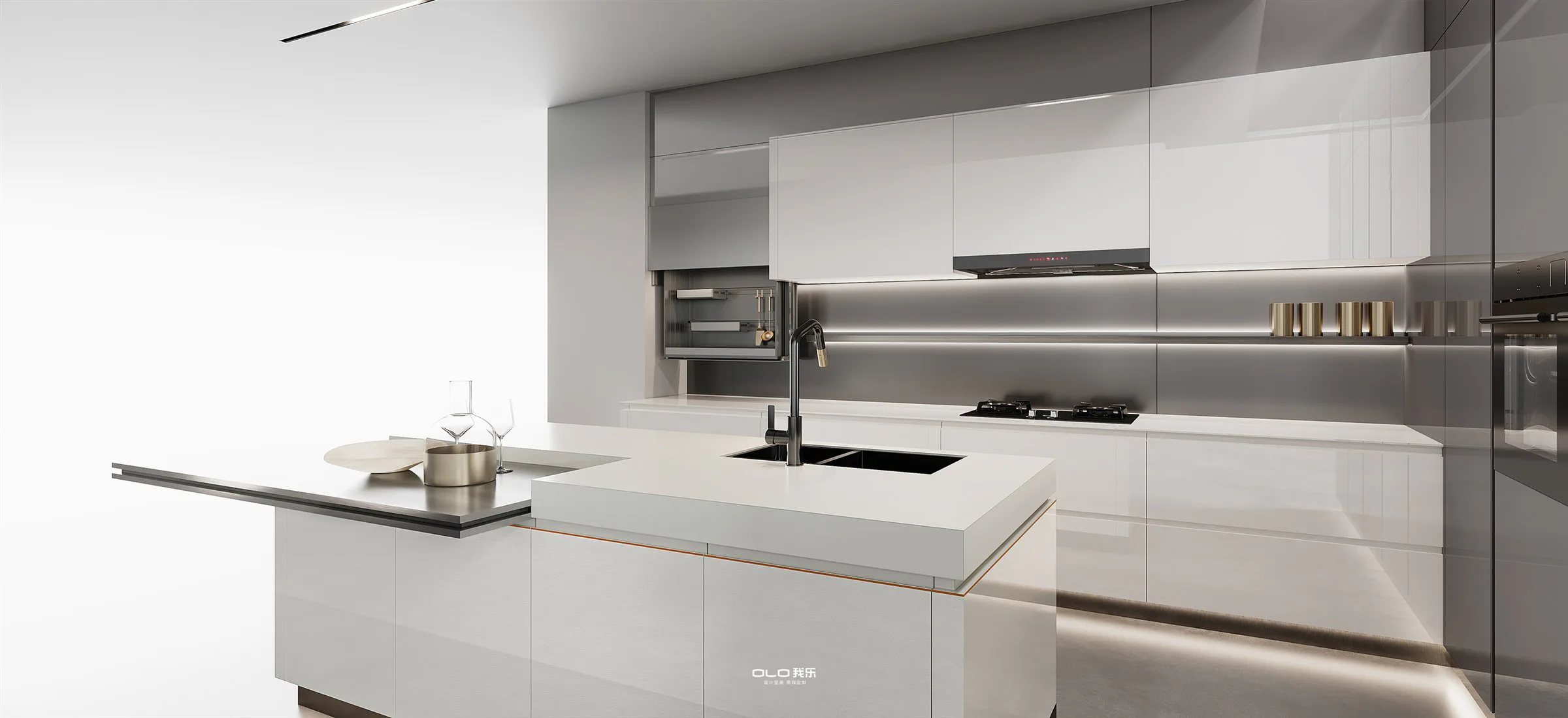 BOFEI PRO island with layered worktop and illuminated backsplash