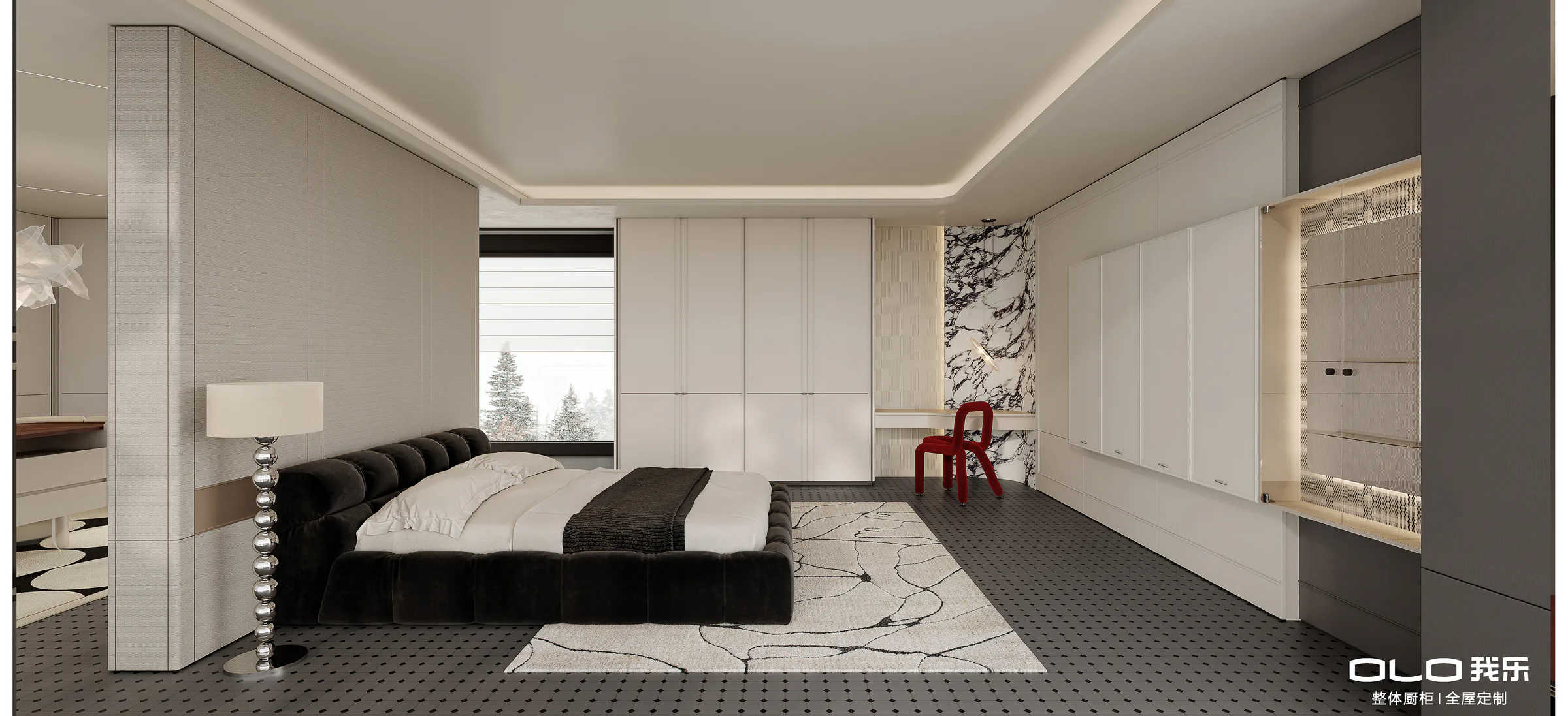 CARAT bedroom with soft-white wardrobes, marble accent wall, and red chair