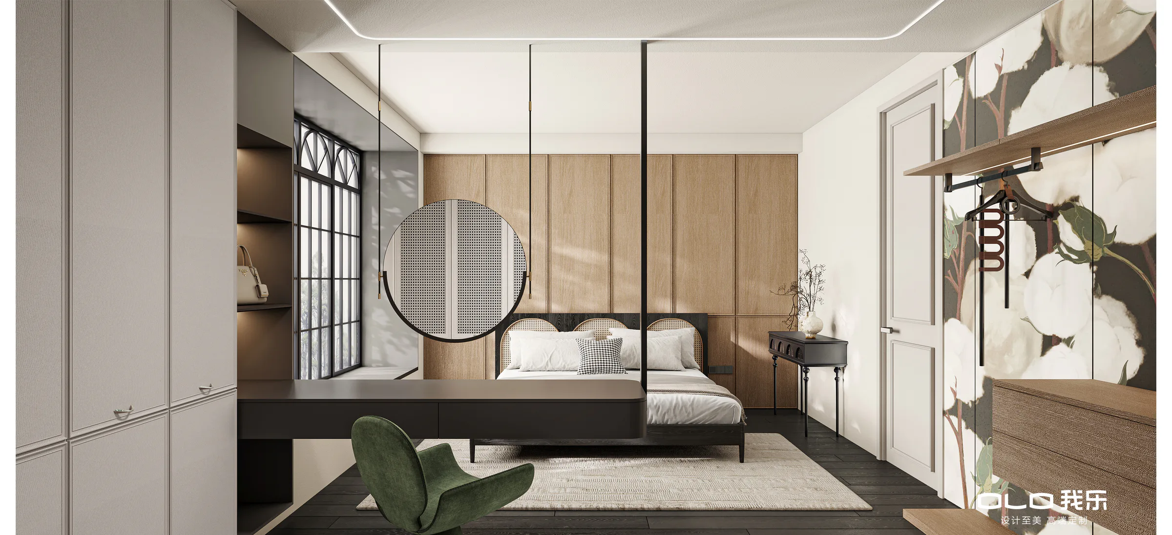CARAT bedroom with timber panels, floral wardrobe art, and suspended dressing table