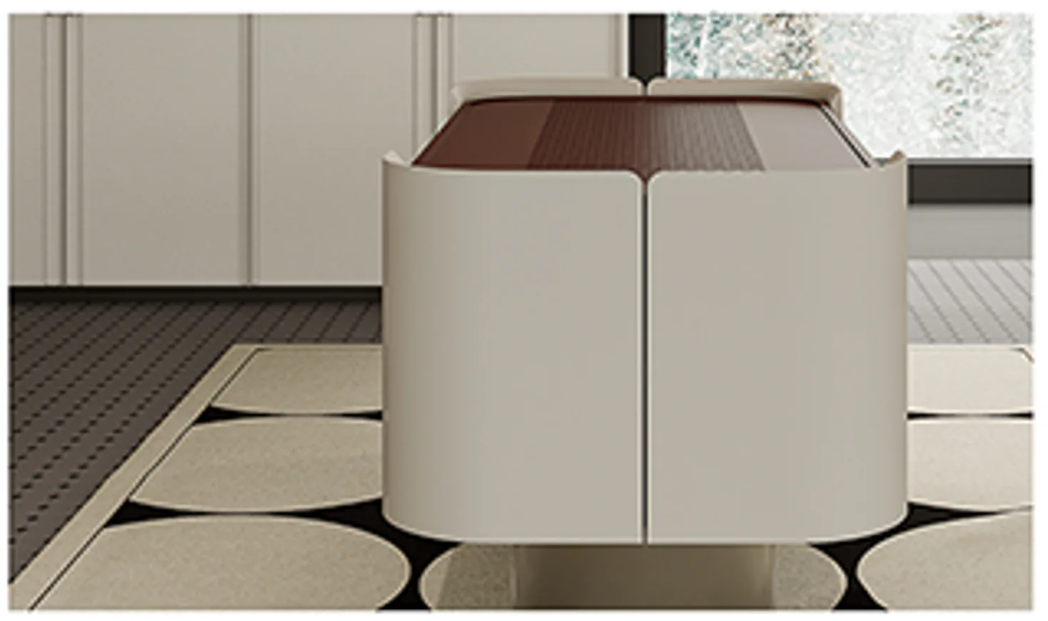 CARAT rounded dressing island with layered rose and ivory surface