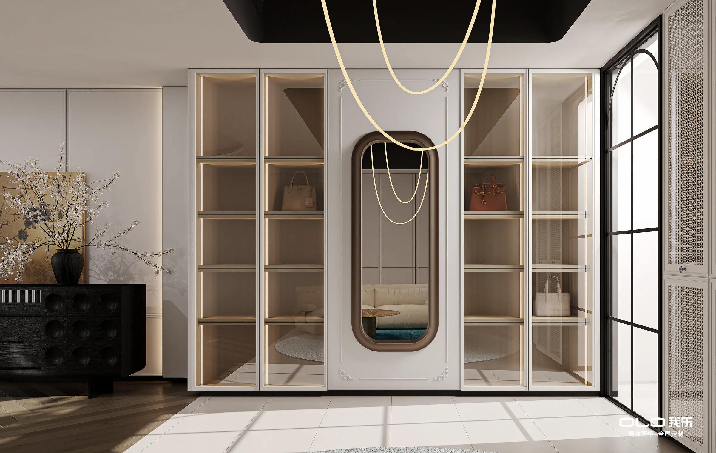 CARAT dressing room with luminous glass display wardrobes