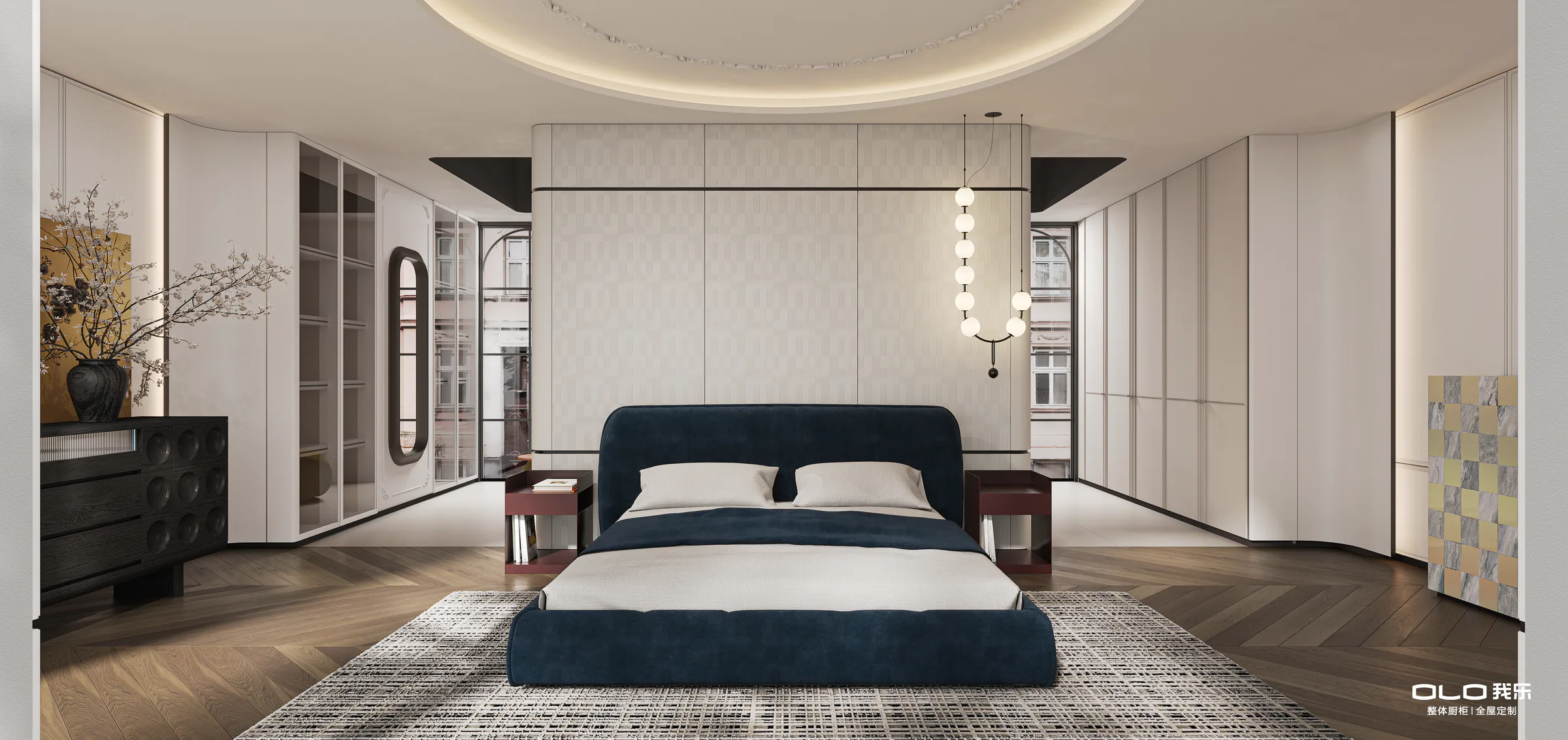 CARAT bedroom expressing the collection's pearl, ink, and midnight-blue palette