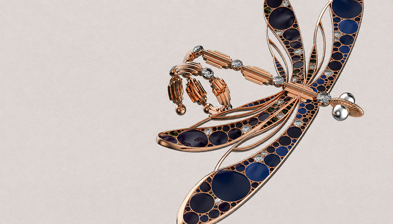 Rose-gold and midnight-blue dragonfly jewel that inspired the CARAT collection