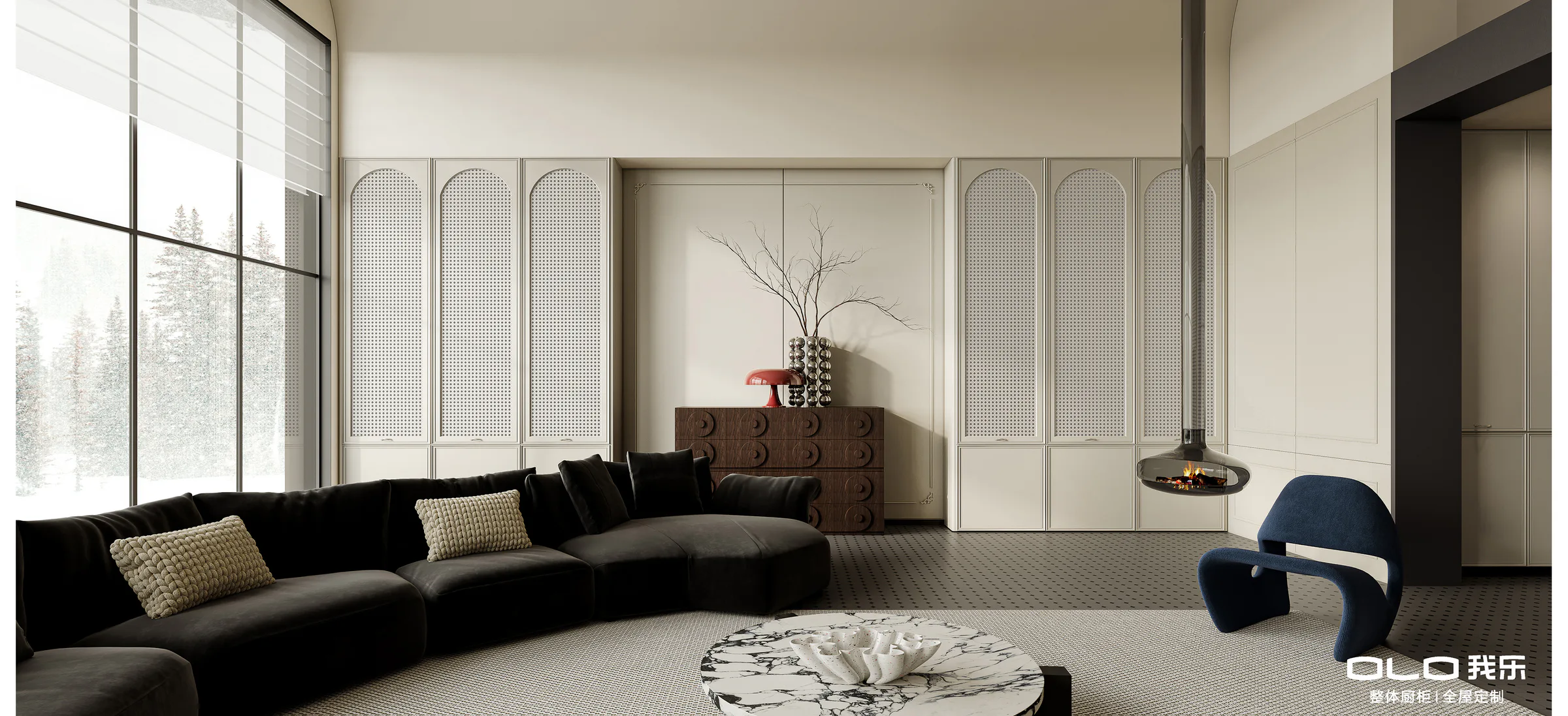 CARAT living room with woven-panel cabinetry and dark modular sofa