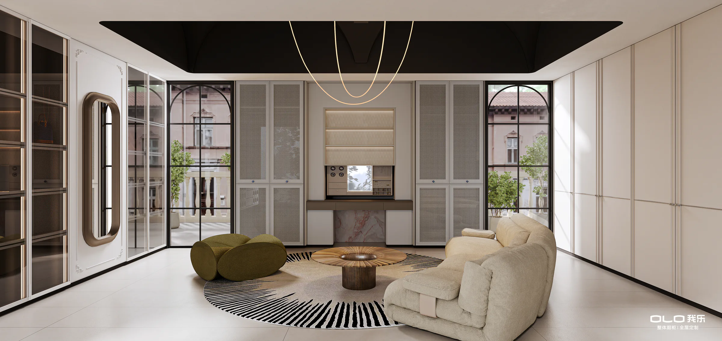 CARAT lounge with symmetrical cabinetry and a suspended fireplace