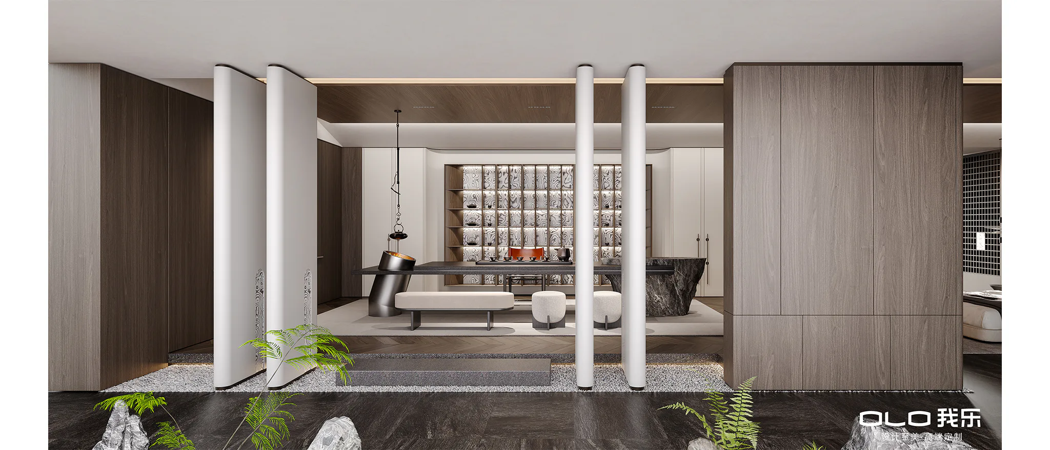 CHONG SU 2046 tea room viewed through sculptural columns