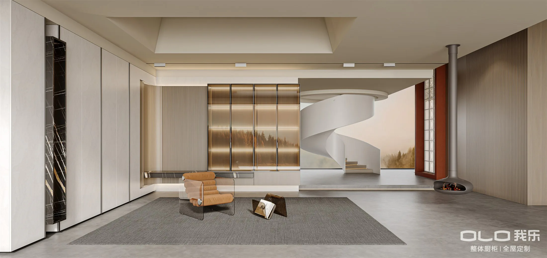 CHOPIN PRO lounge with illuminated glass cabinetry