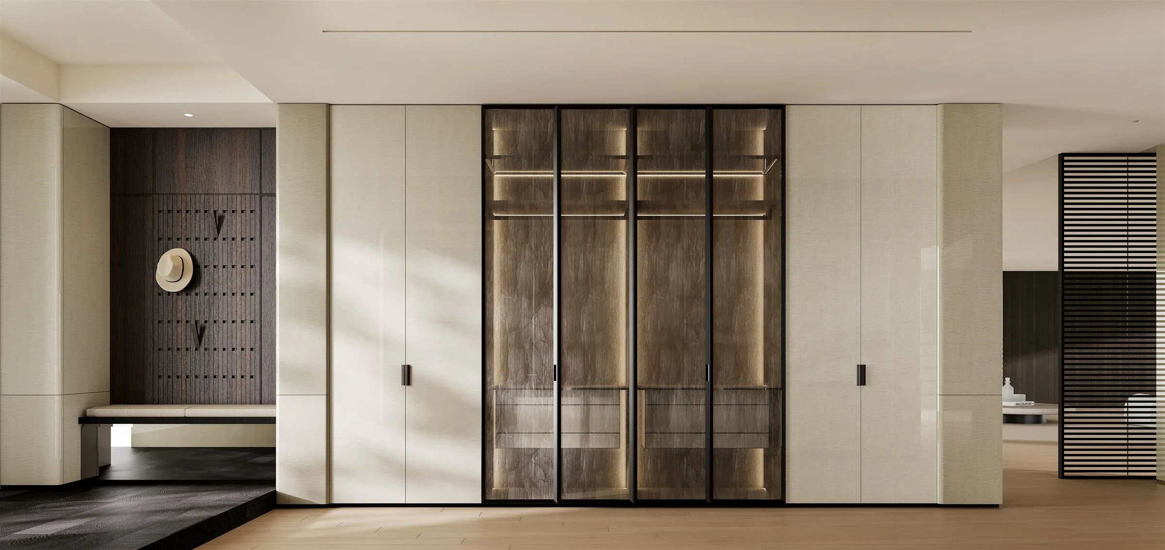 WOOD-SHADOW DUNHUANG illuminated wardrobe and entry bench