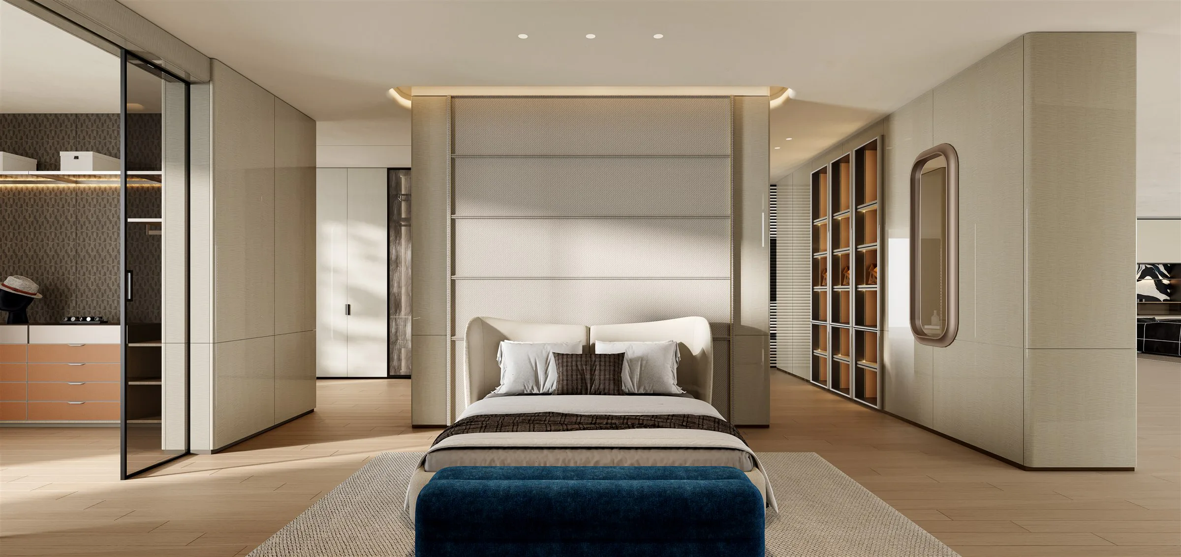 WOOD-SHADOW DUNHUANG bedroom with textured wardrobe and dressing area
