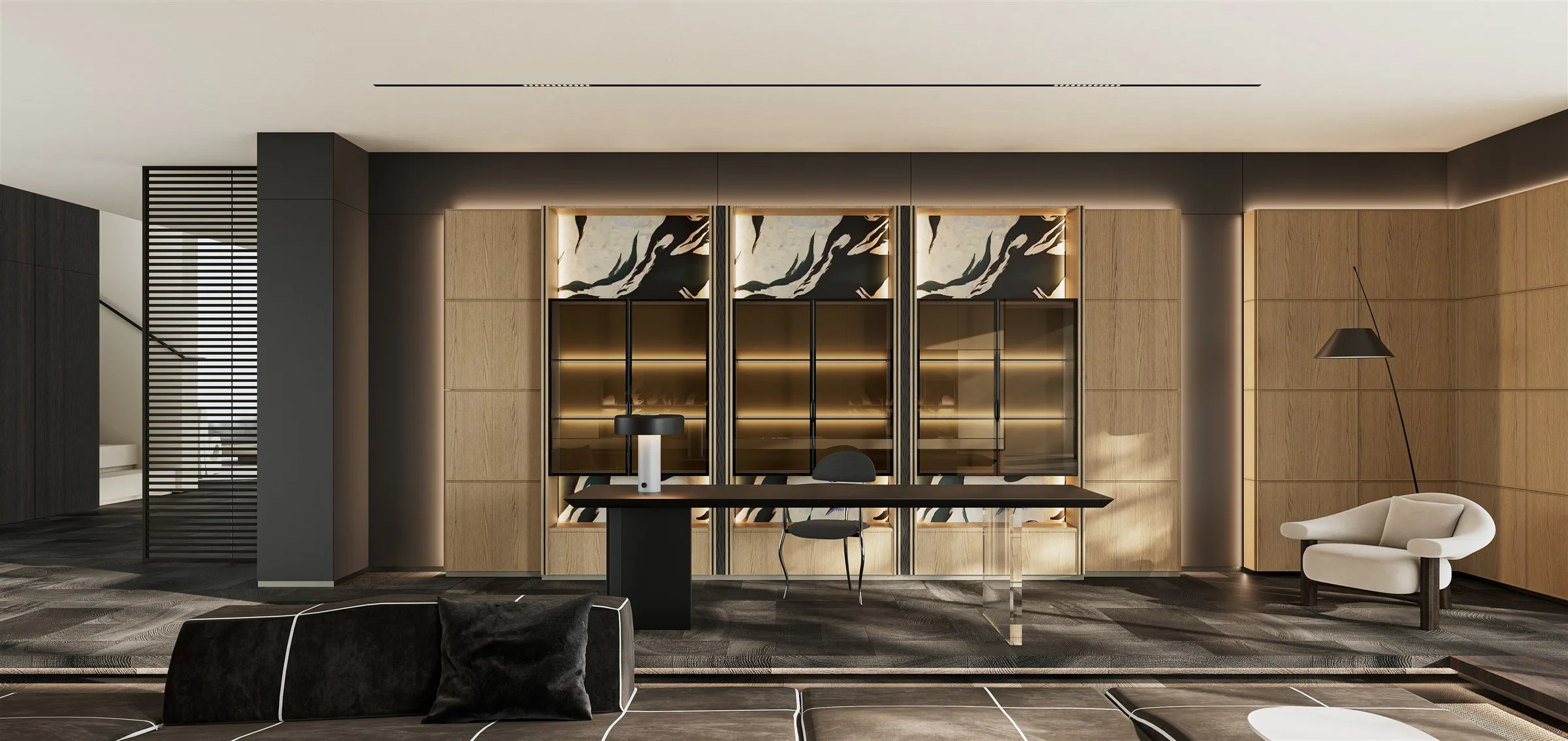 WOOD-SHADOW DUNHUANG study with illuminated art display cabinetry