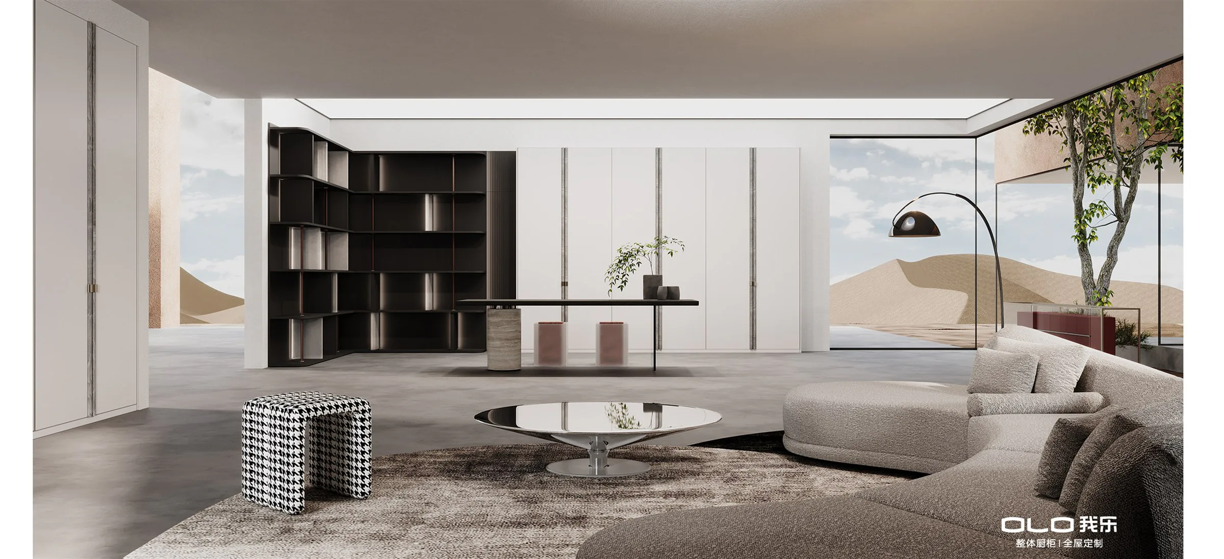 WOOD-SHADOW DUNHUANG gallery living room with desert outlook
