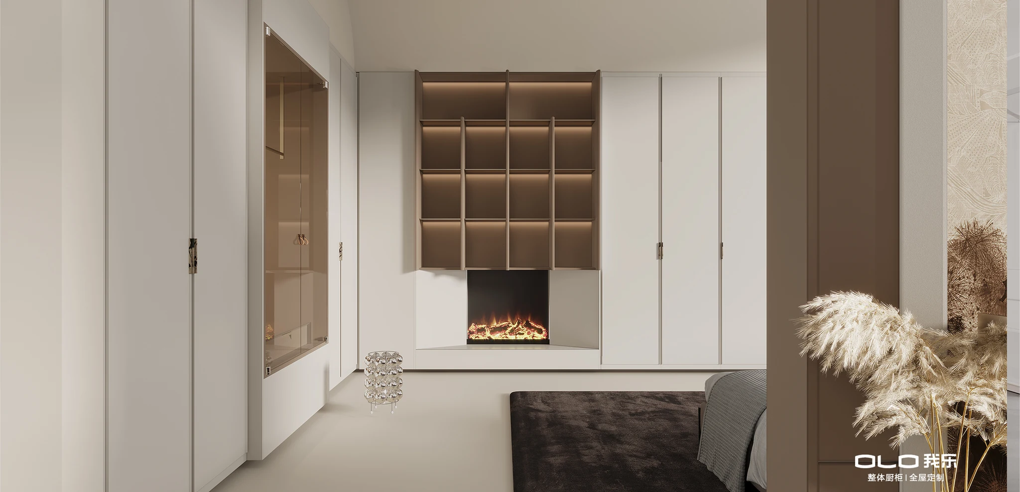 FIREWORKS bedroom fireplace integrated into ivory cabinetry
