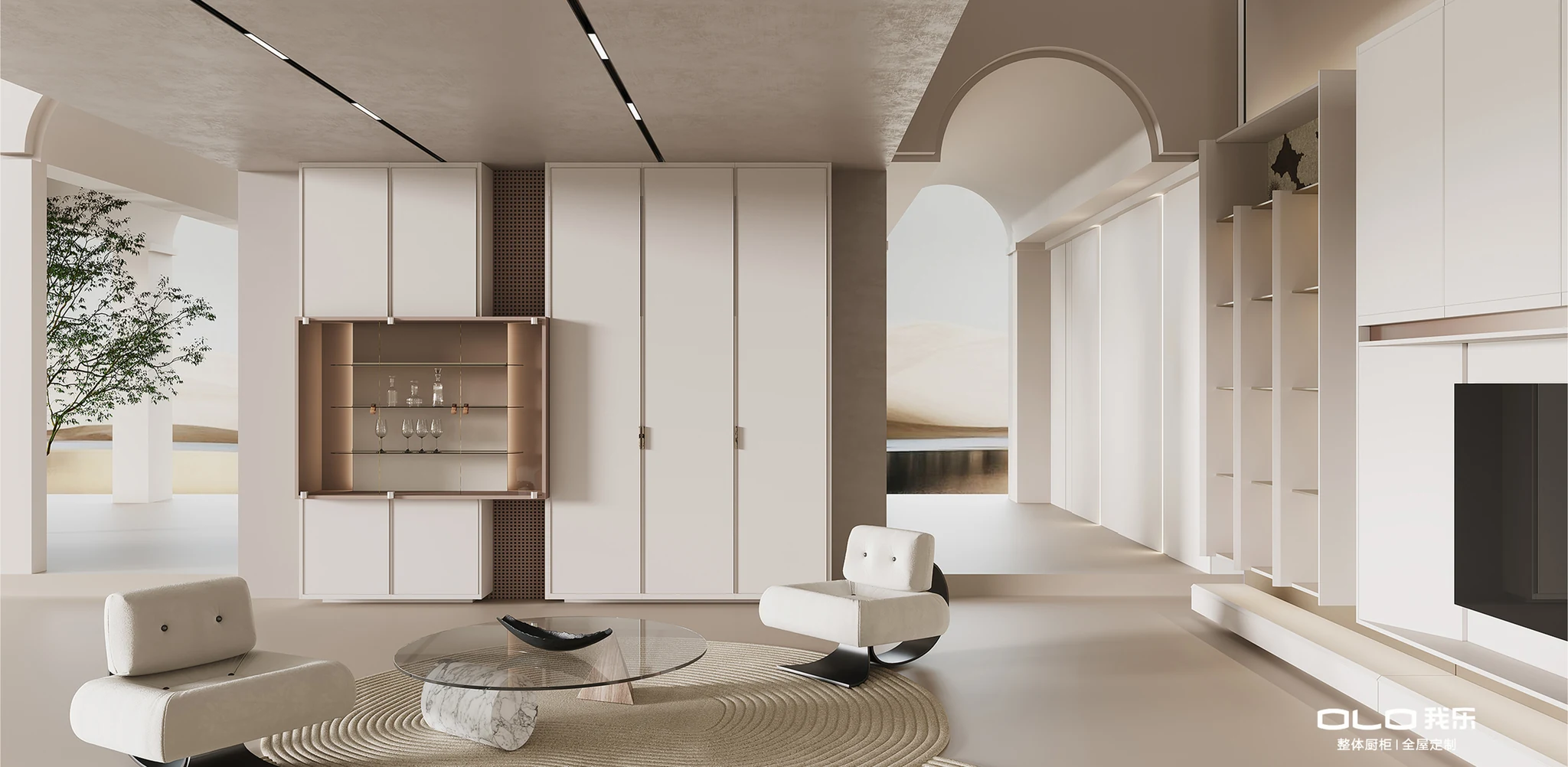 FIREWORKS living room with art panels and glass-front display cabinet