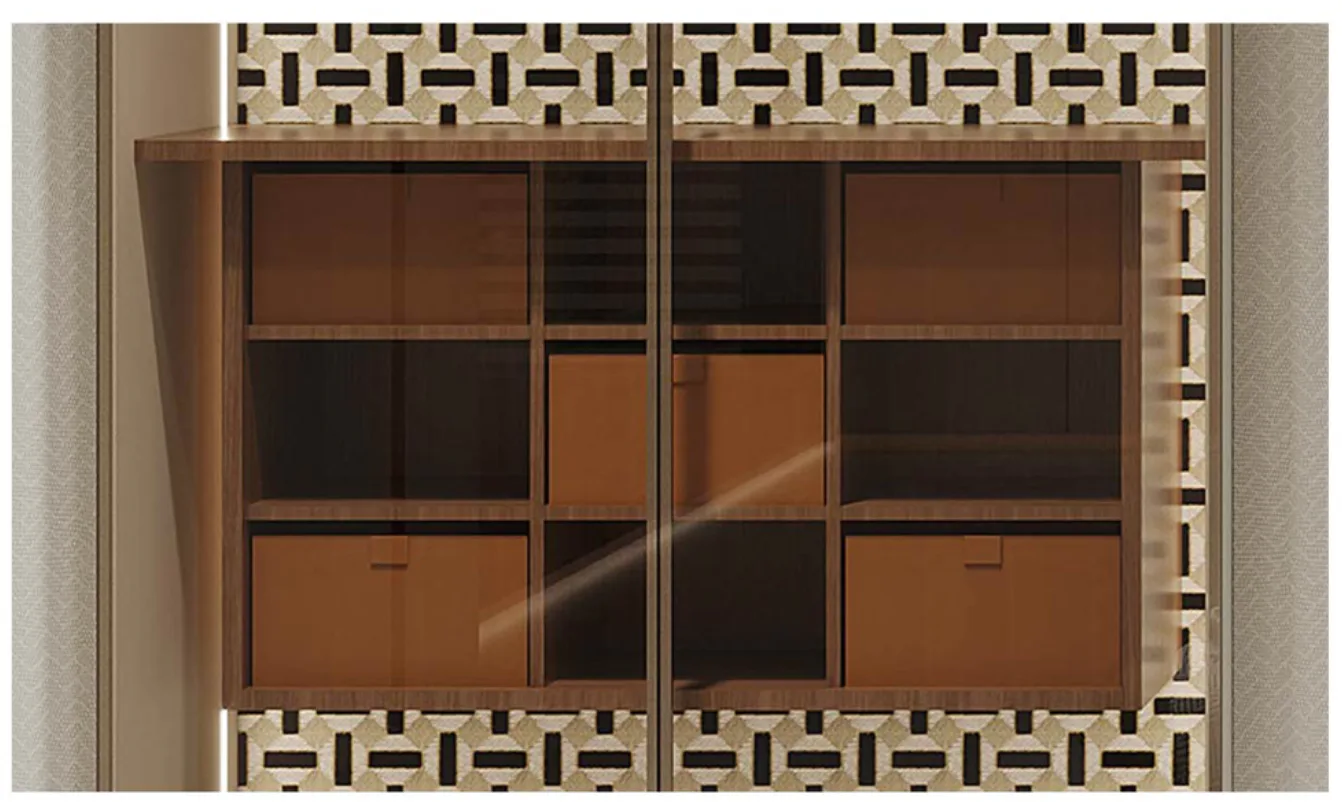 FUTURE PRO modular cognac and dark timber drawer system behind glass