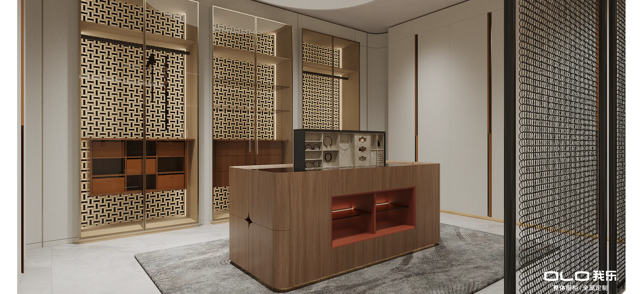 FUTURE PRO dressing island with rounded timber corners and illuminated cognac niche