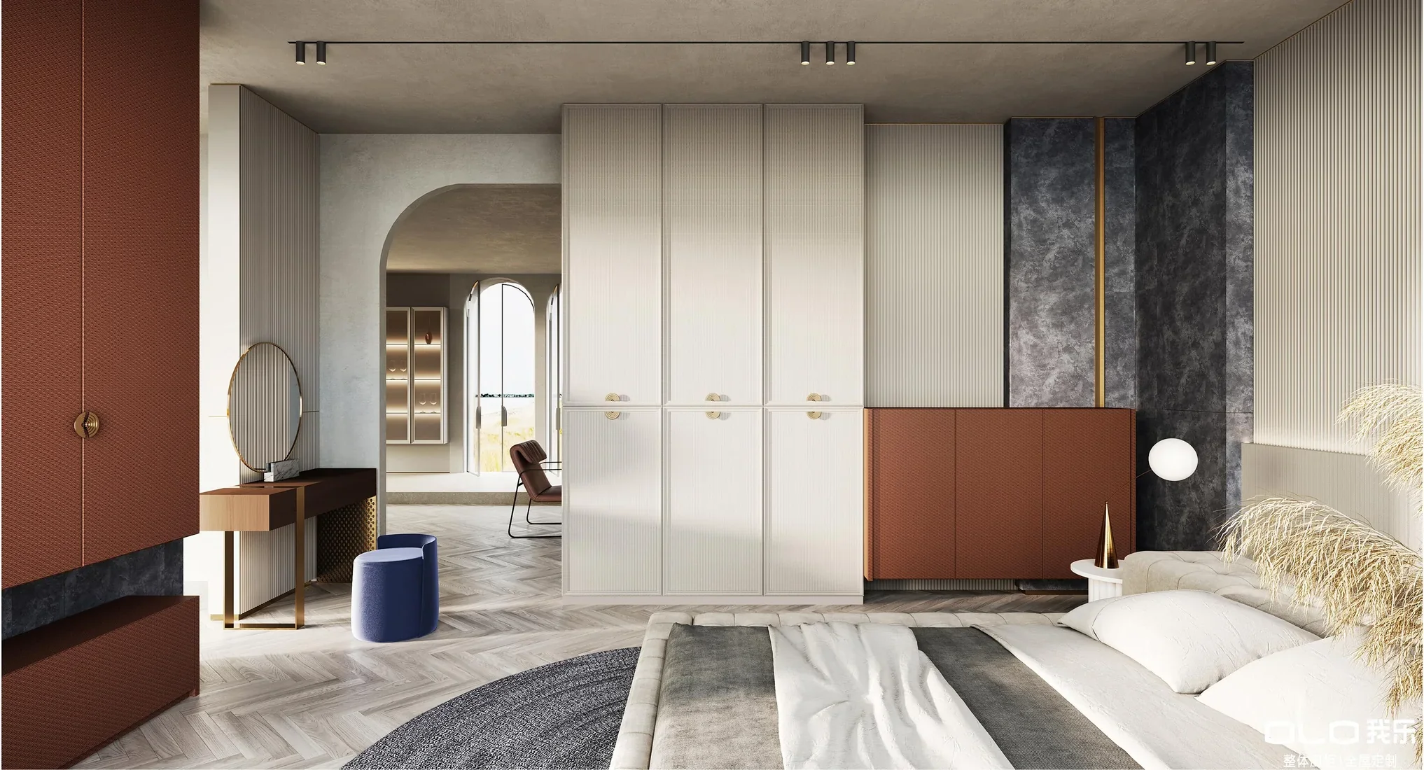 INGREECE bedroom with ivory, violin red, and stone-grey cabinetry
