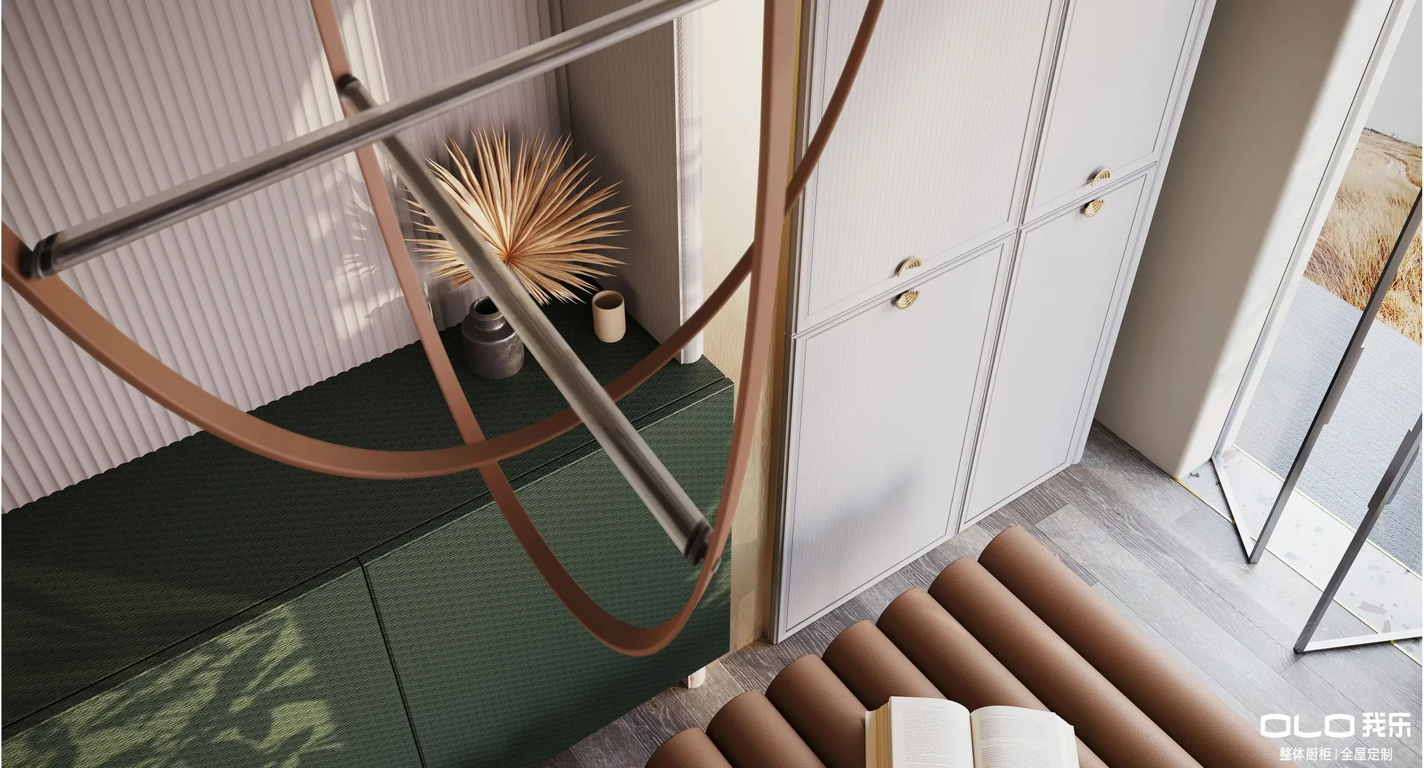 INGREECE entry storage with green and ivory textured panels