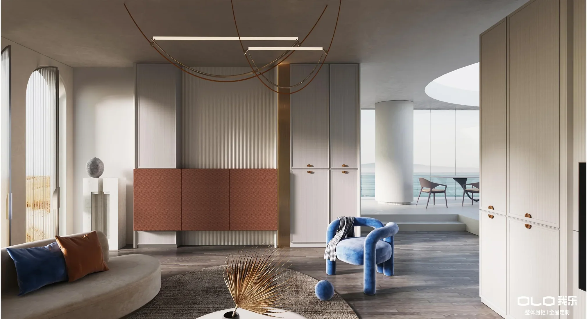 INGREECE open living room with sculptural lighting and arched openings