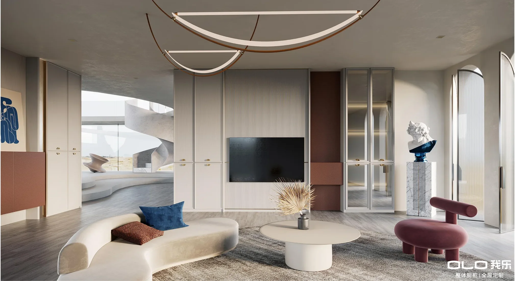 INGREECE living room with layered cabinetry