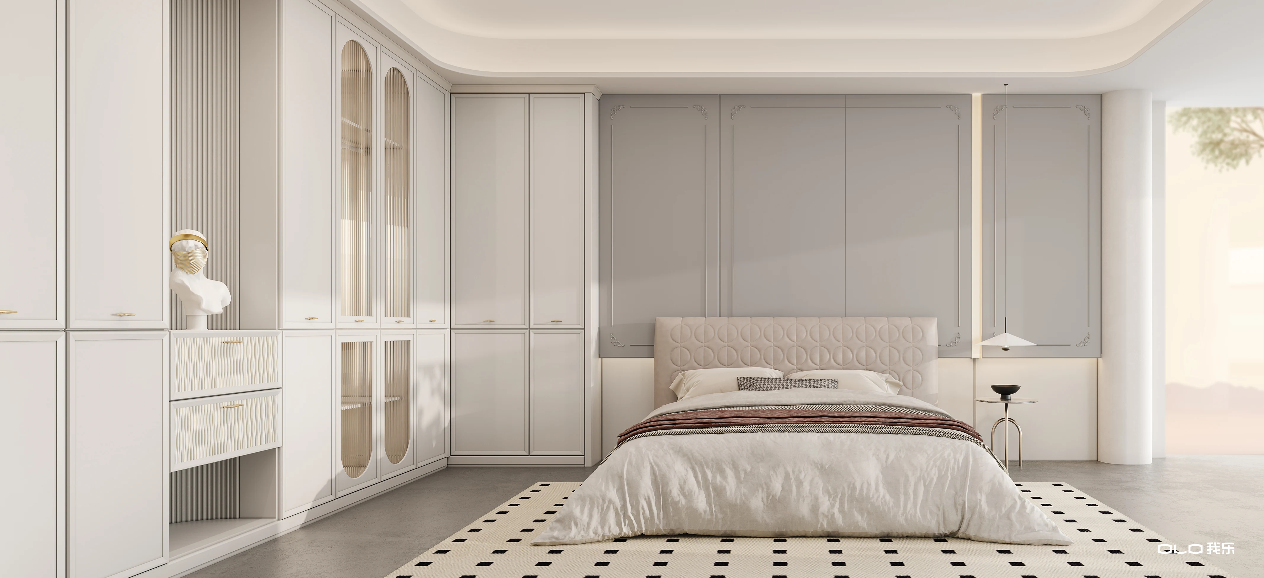 JENNY bedroom with integrated ivory wardrobes and muted rose textiles