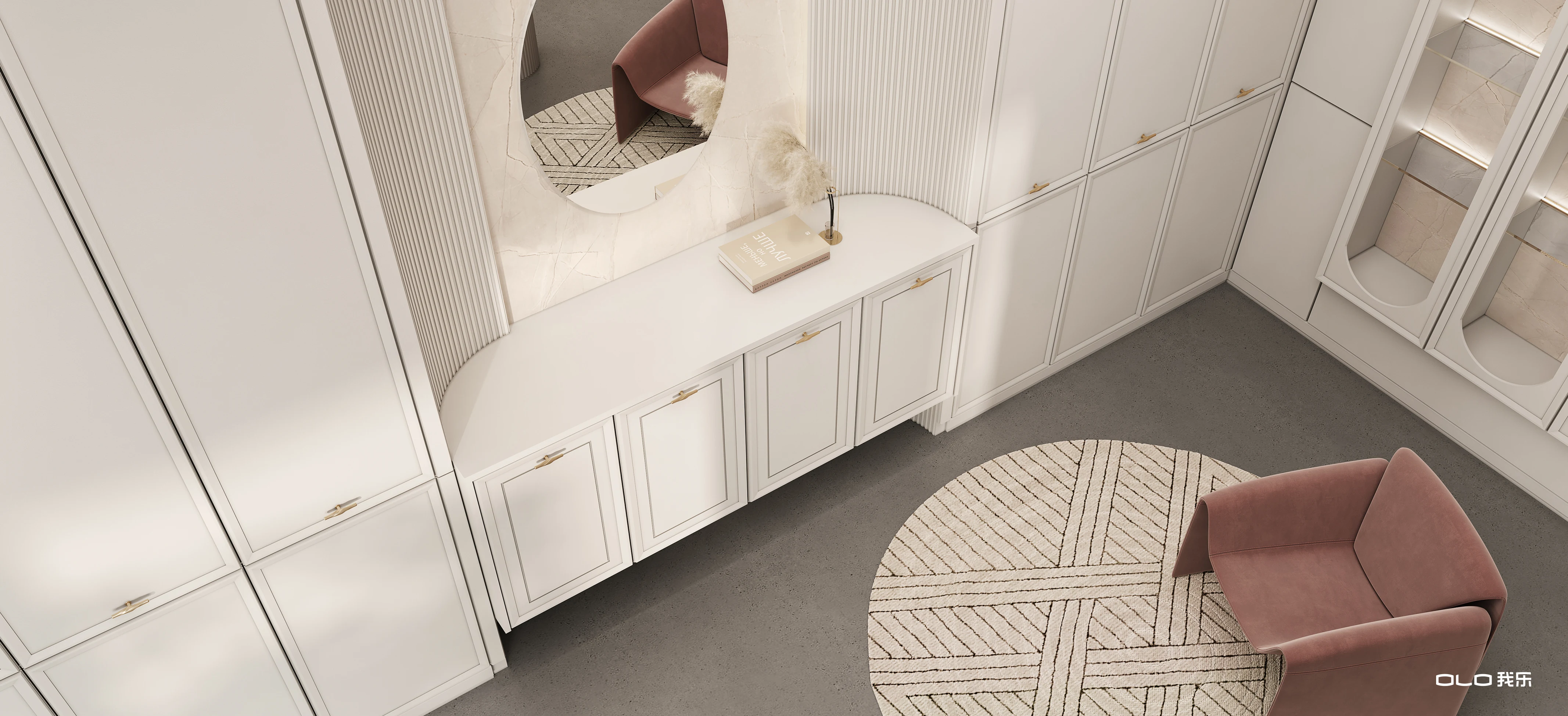 JENNY curved vanity and dressing cabinetry viewed from above