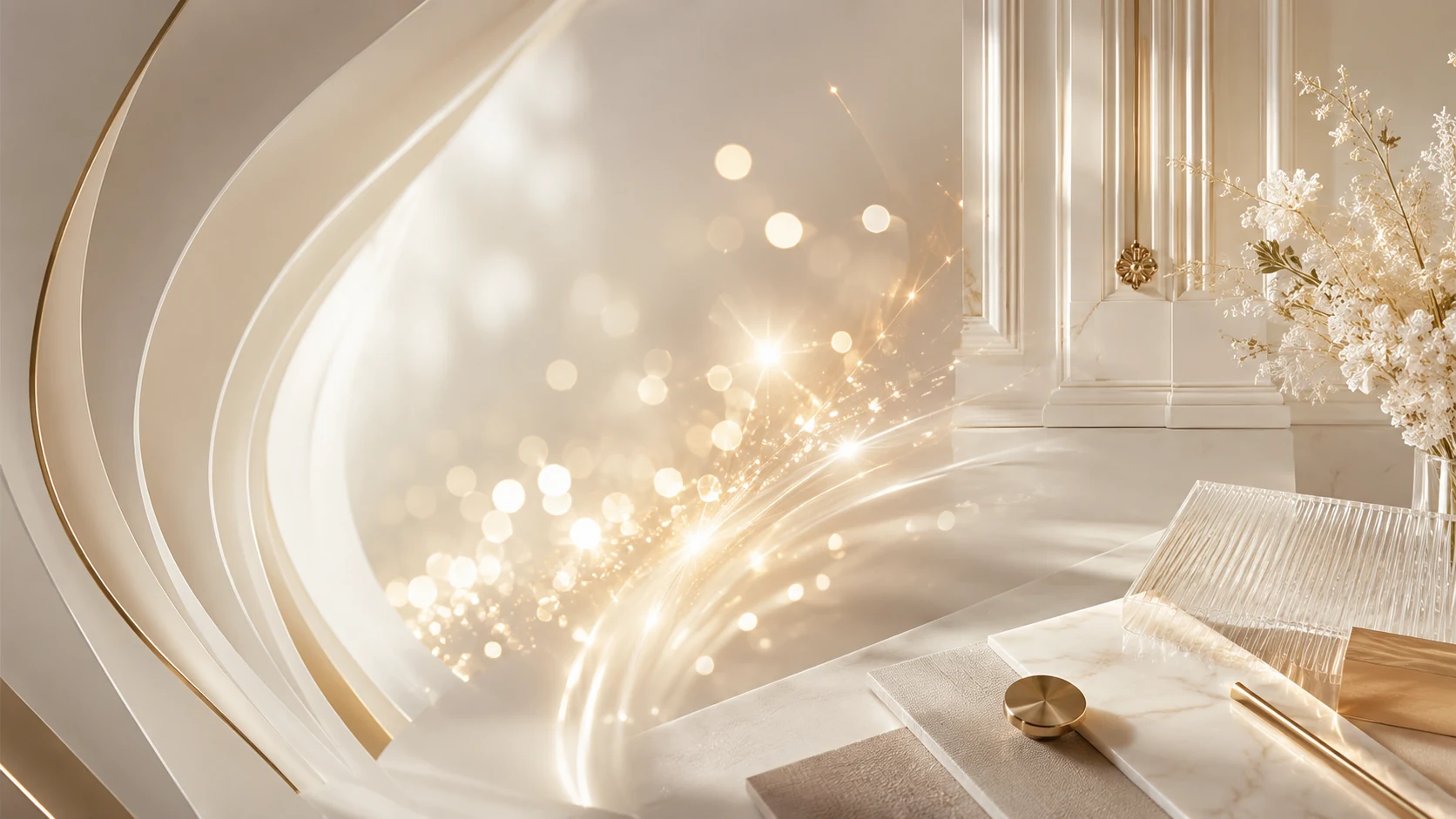 Warm ivory architectural composition with golden light trails and crystal details