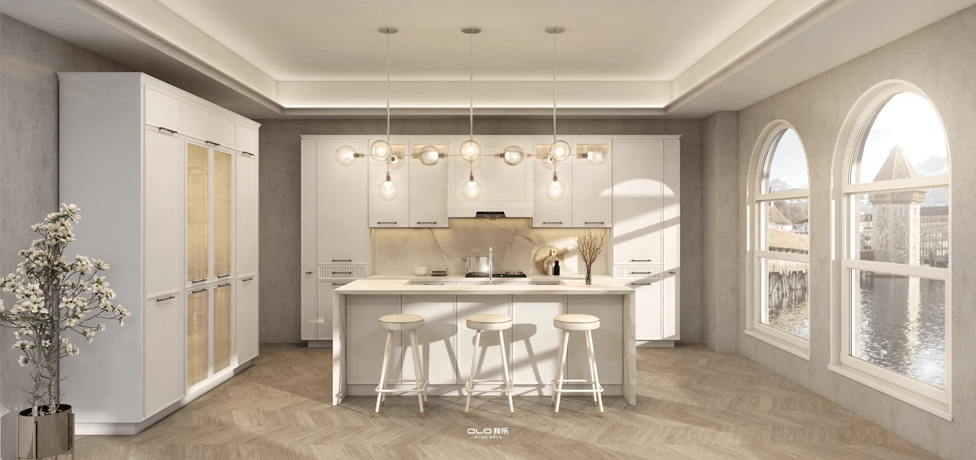 JENNY classical ivory kitchen with island and arched windows