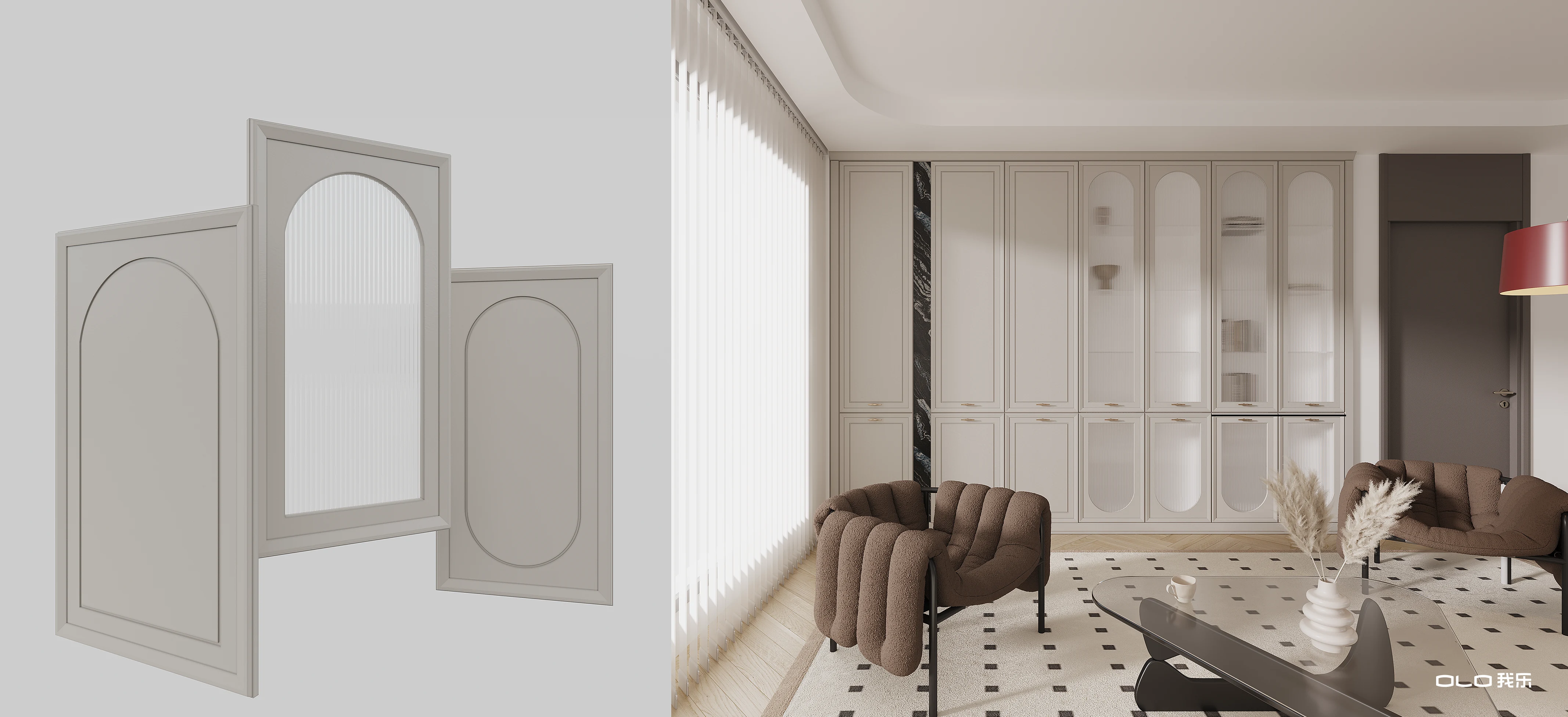 JENNY lounge with arched glass cabinets and sculptural seating