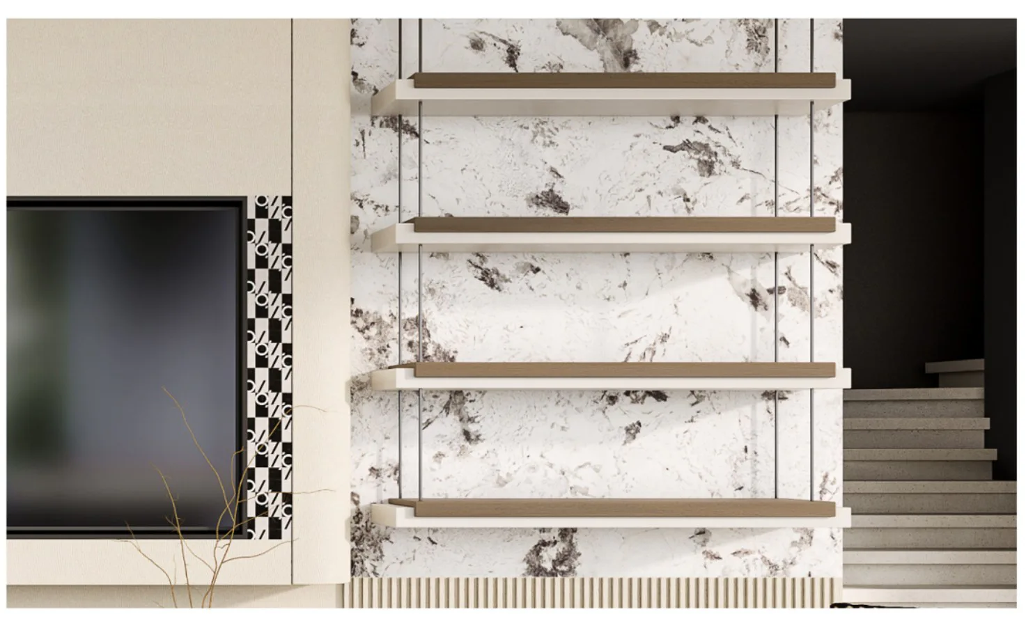 MAILLARD layered floating shelf and marble wall detail