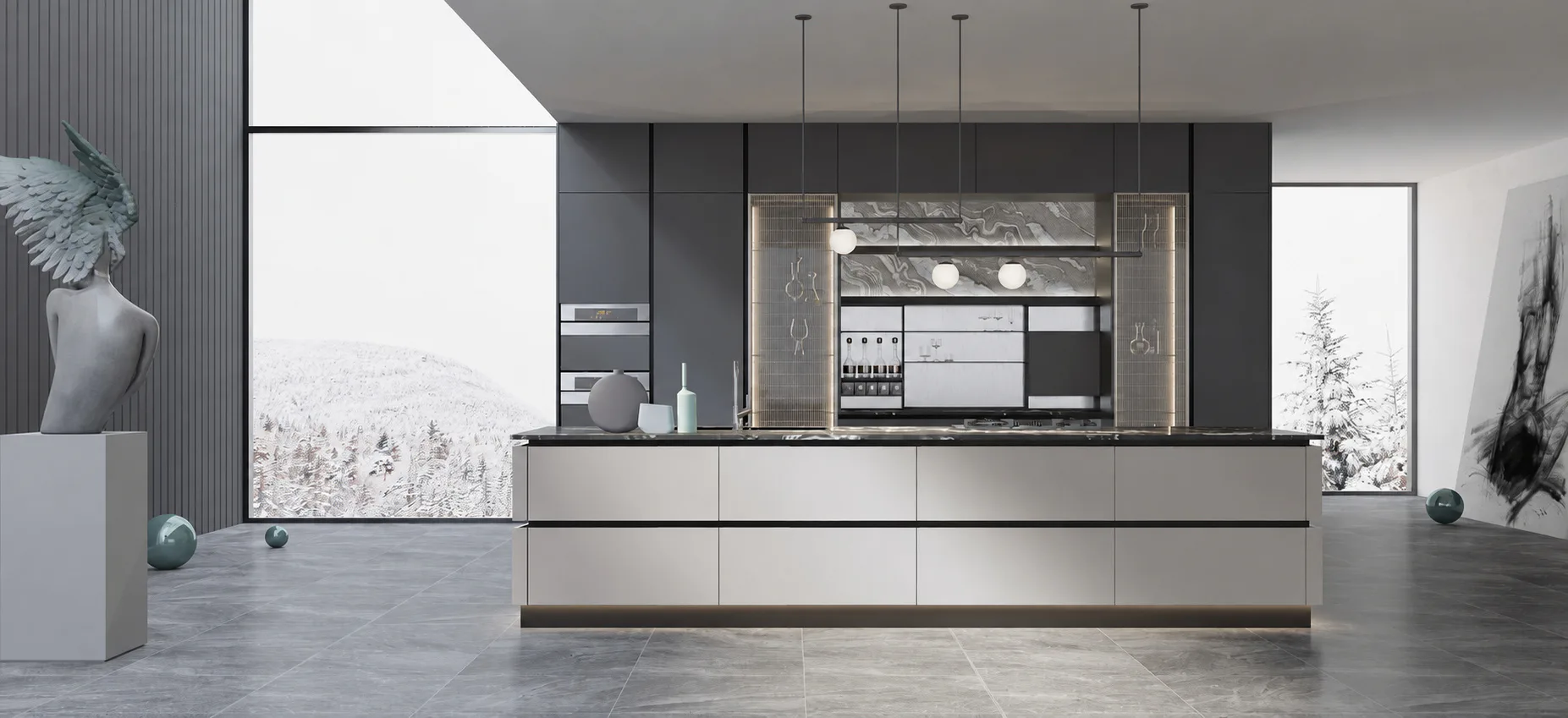 MORANDI kitchen island and dark display wall