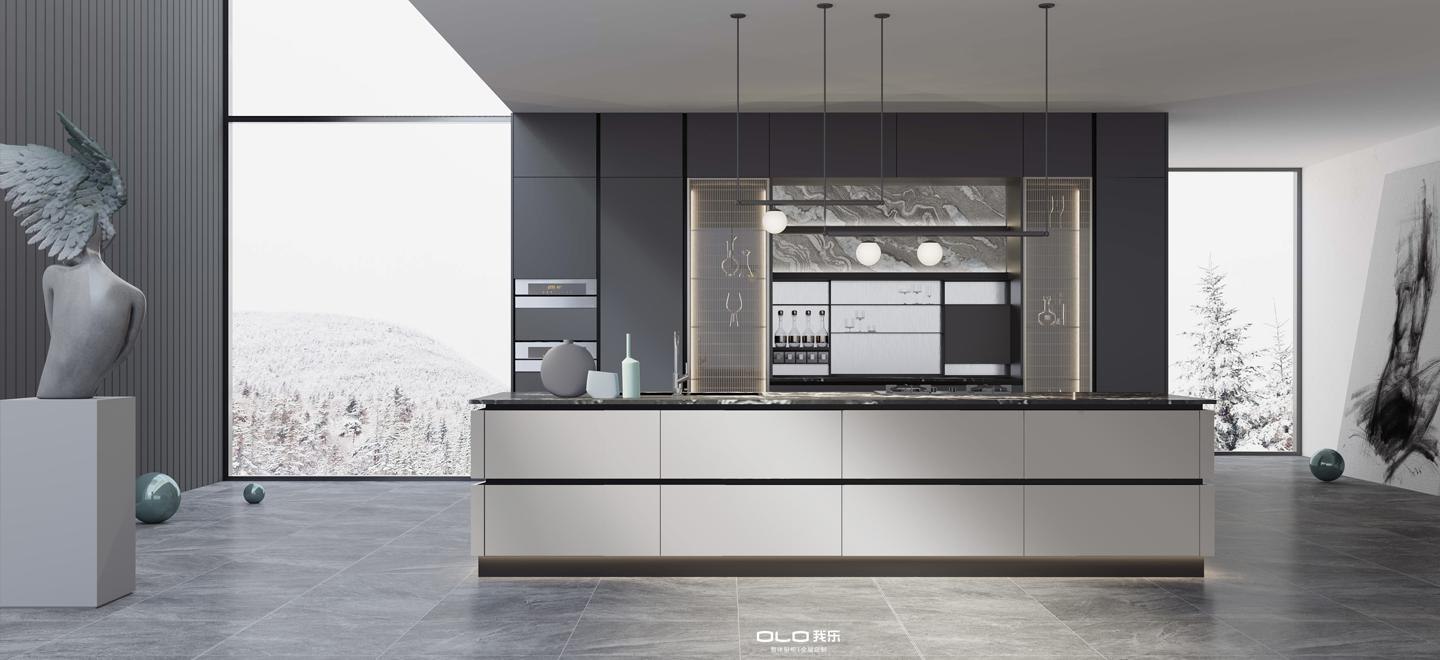 MORANDI kitchen island and dark display wall