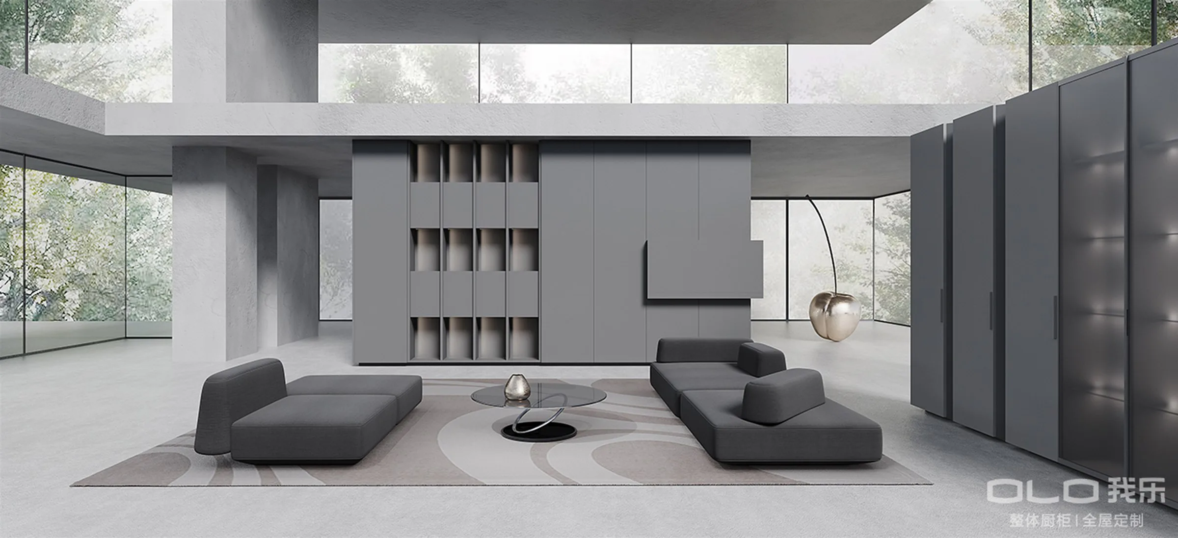 MORANDI sculptural living space with modular cabinetry