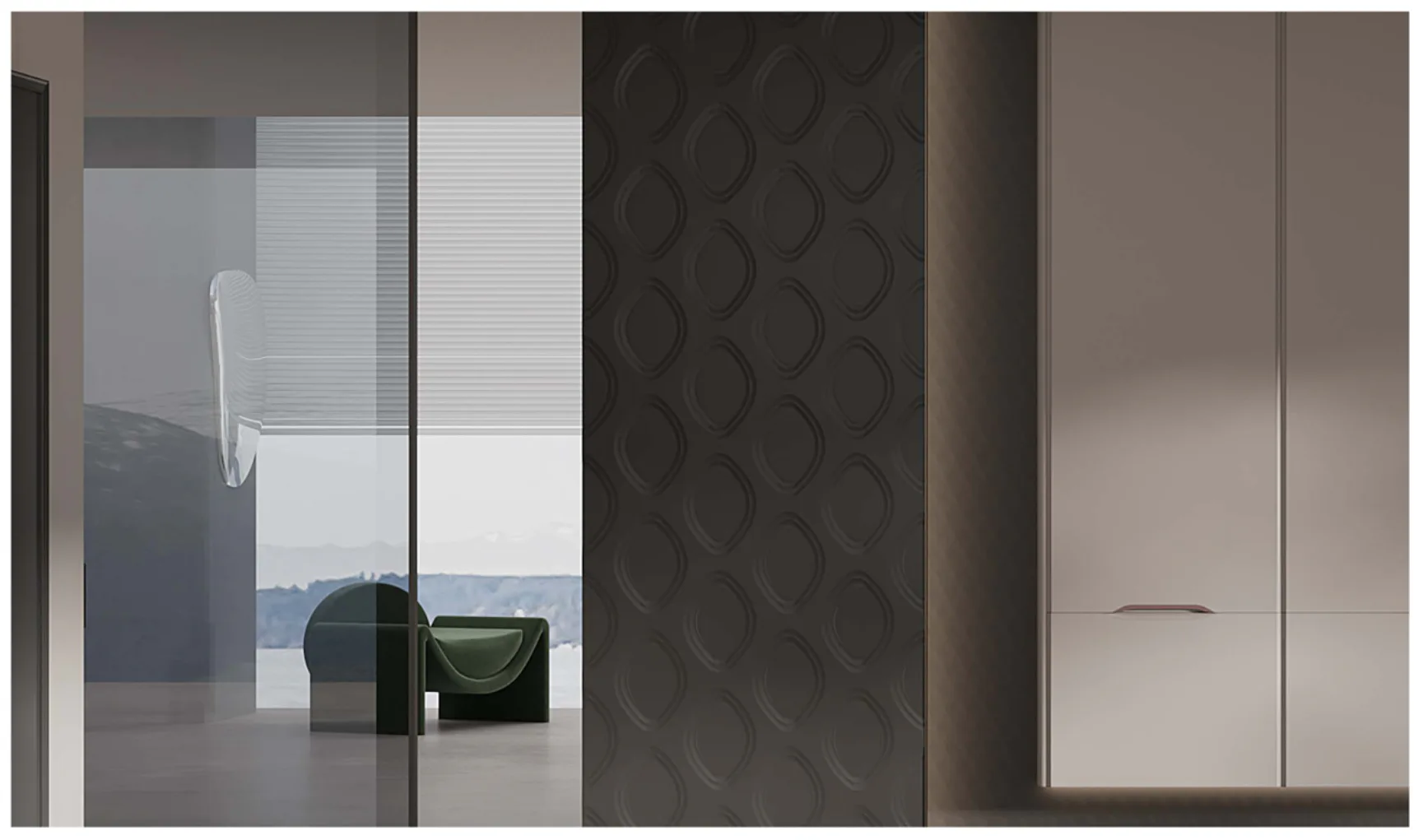PANO embossed geometric panel beside glass and taupe cabinetry
