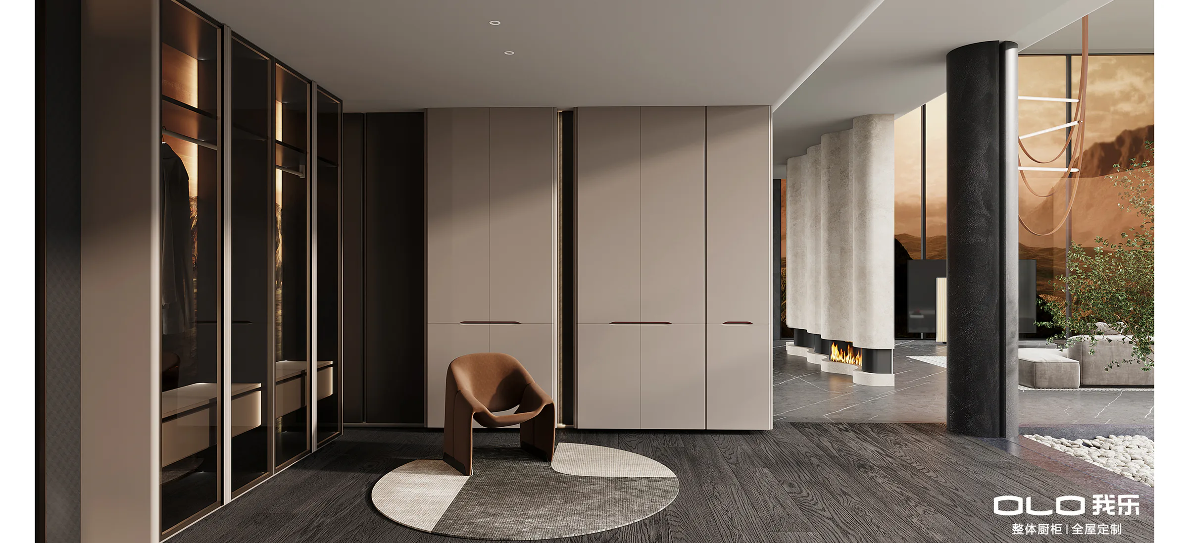 PANO dressing room opening towards a sculptural fireplace