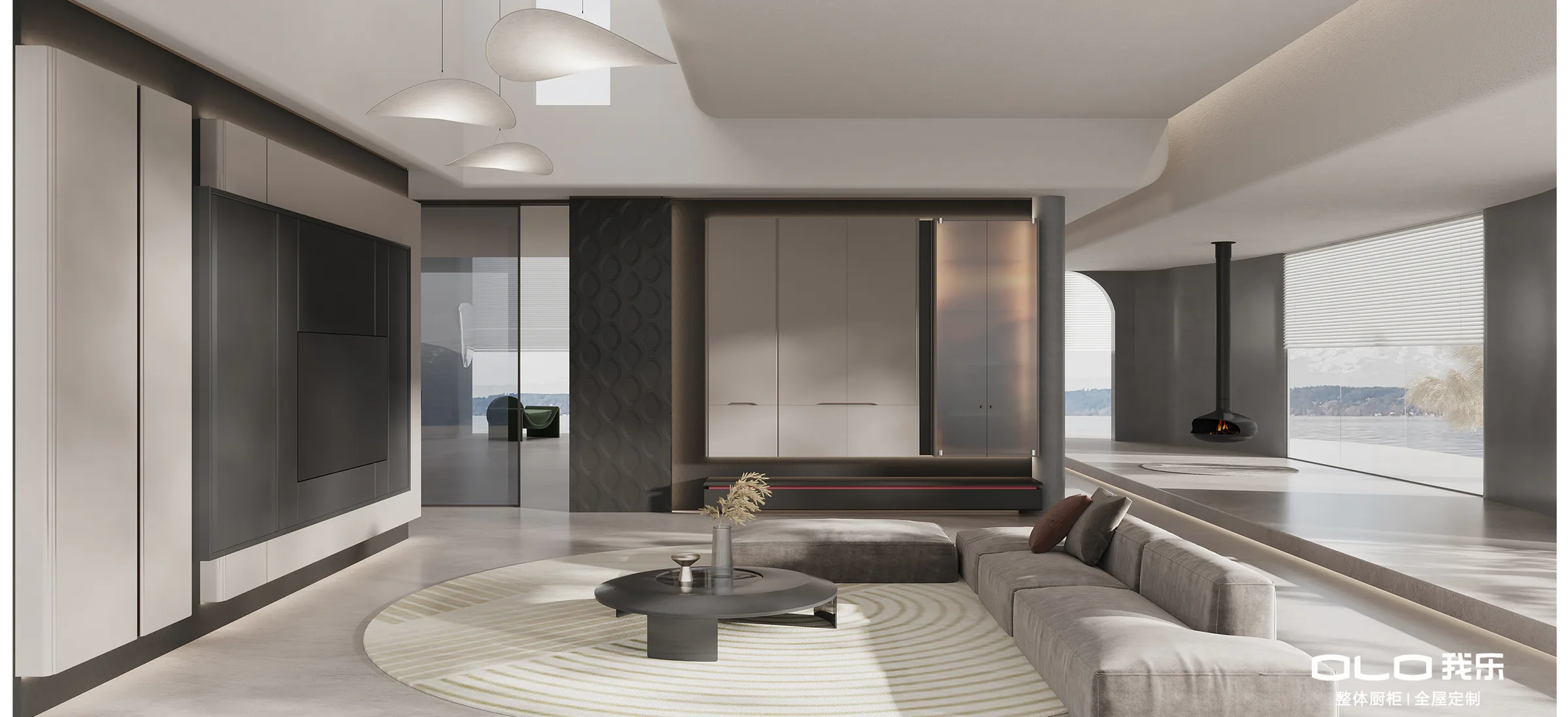 PANO sunlit lounge with floating wall cabinetry
